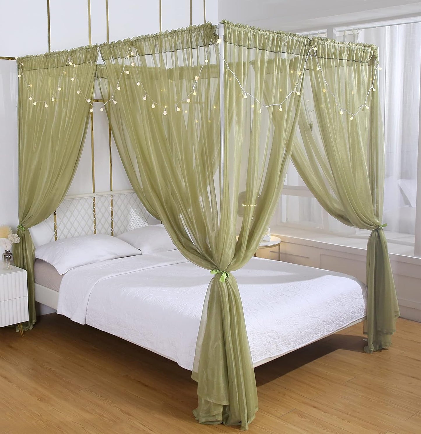 Akiky Canopy for Girls Room Bed Curtains Elegant Sheer Curtain for Twin Full Queen King Size Bed Drapes,8 Panels Canopies with Light,Room Décor(Full/Queen,Black)