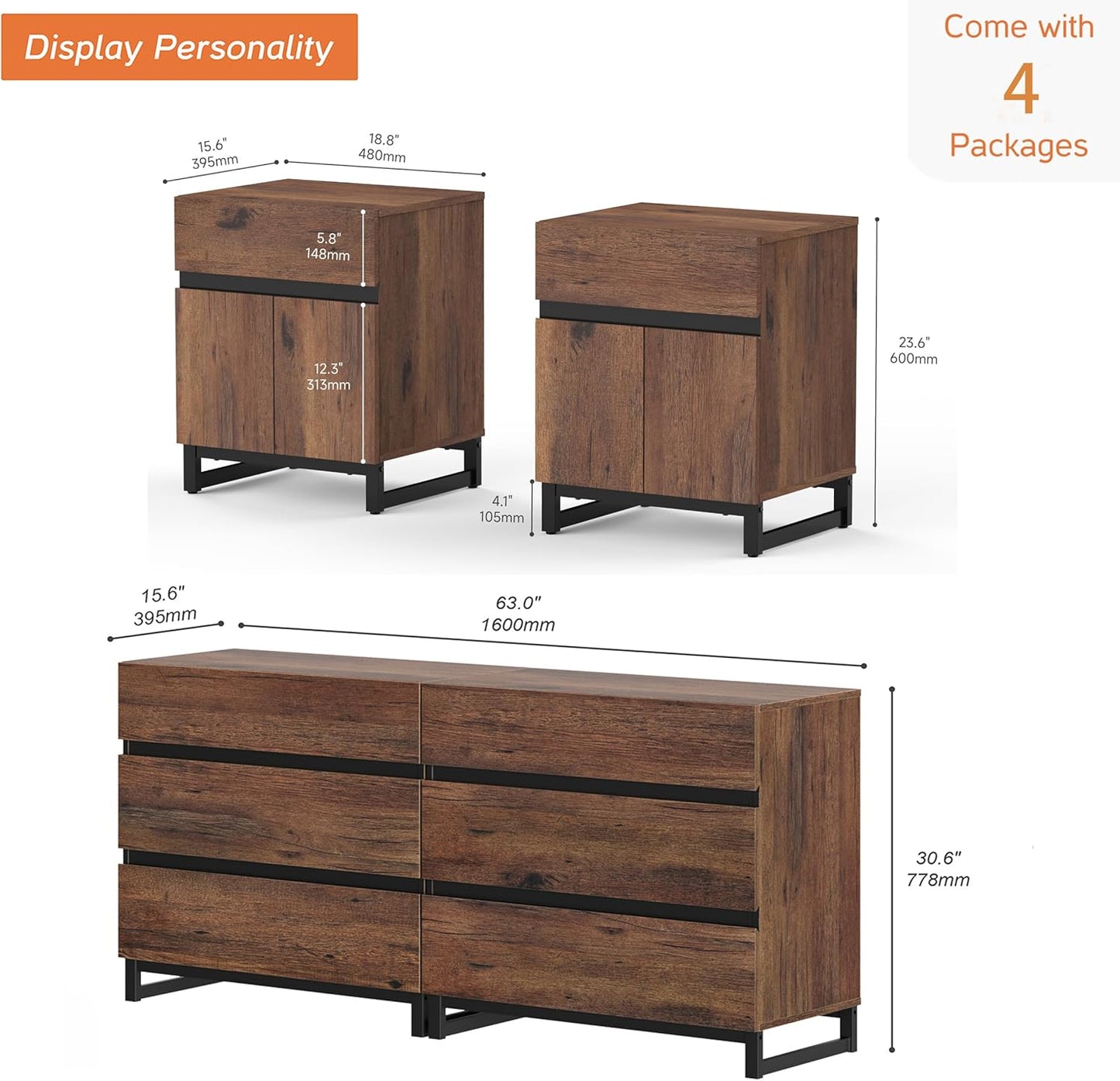 WAMPAT Dresser and Nightstand Set of 3, 63 Inches Dresser with 6 Drawers, 2 Nightstand with Drawer and Cabinet for Bedroom, Bedroom Furniture Set,Brown