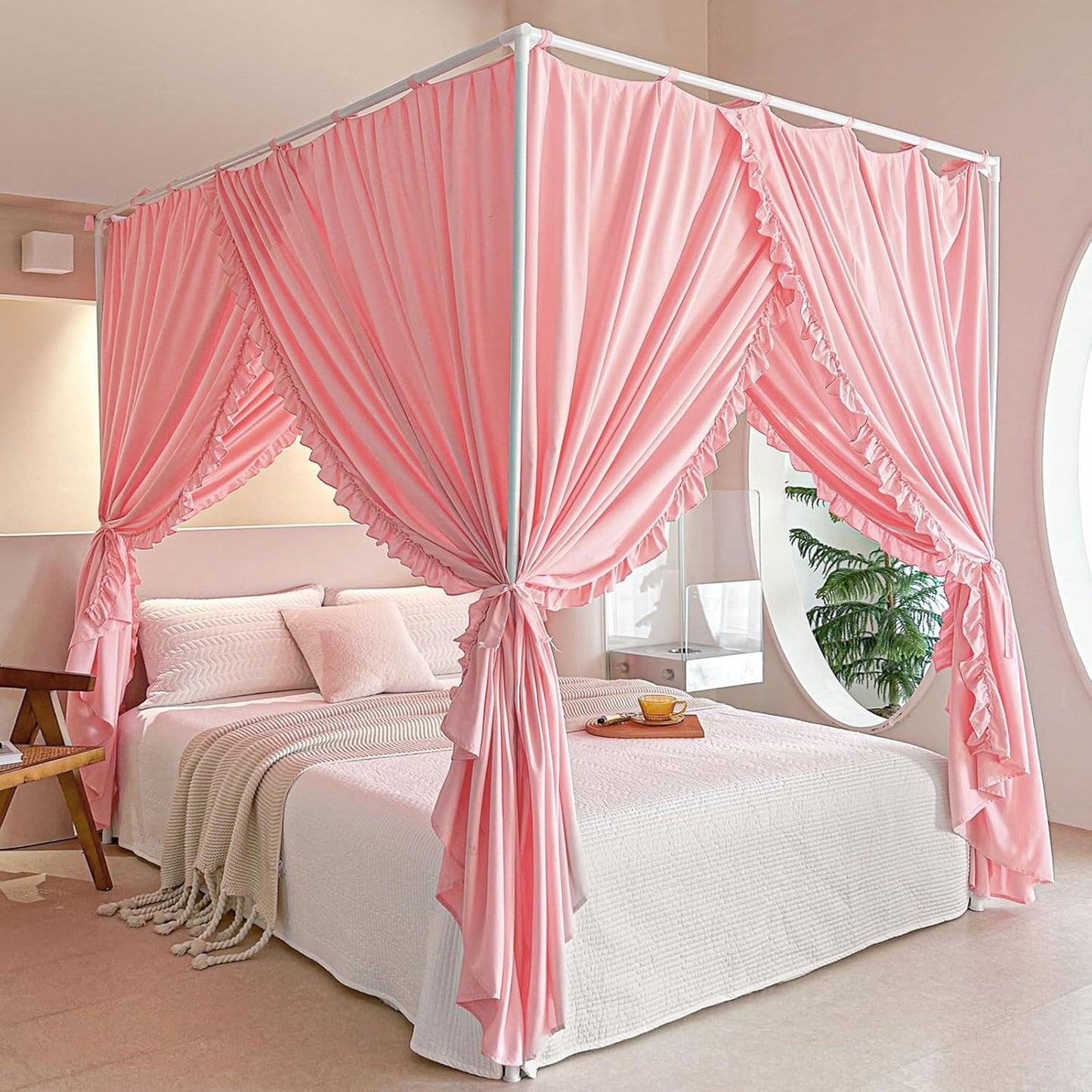 AIKASY Princess Canopy Bed Curtains with Top Ties - Windproof & Lightproof for Girls' Adult Bedroom Decor | Bed Canopy Drapes (Full,Khaki)