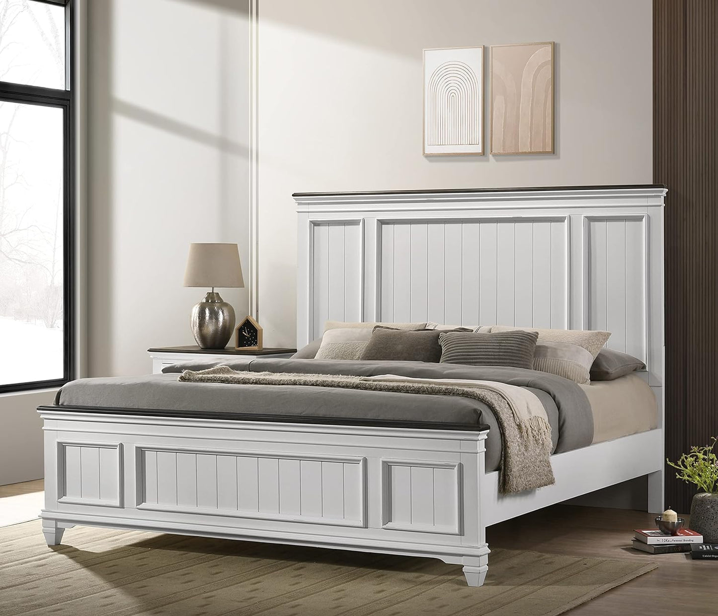 Roundhill Furniture Clelane Wood Bedroom Set with Shiplap Panel Queen Bed, Dresser, Mirror, Two Nightstands, and Chest in Weathered White and Walnut