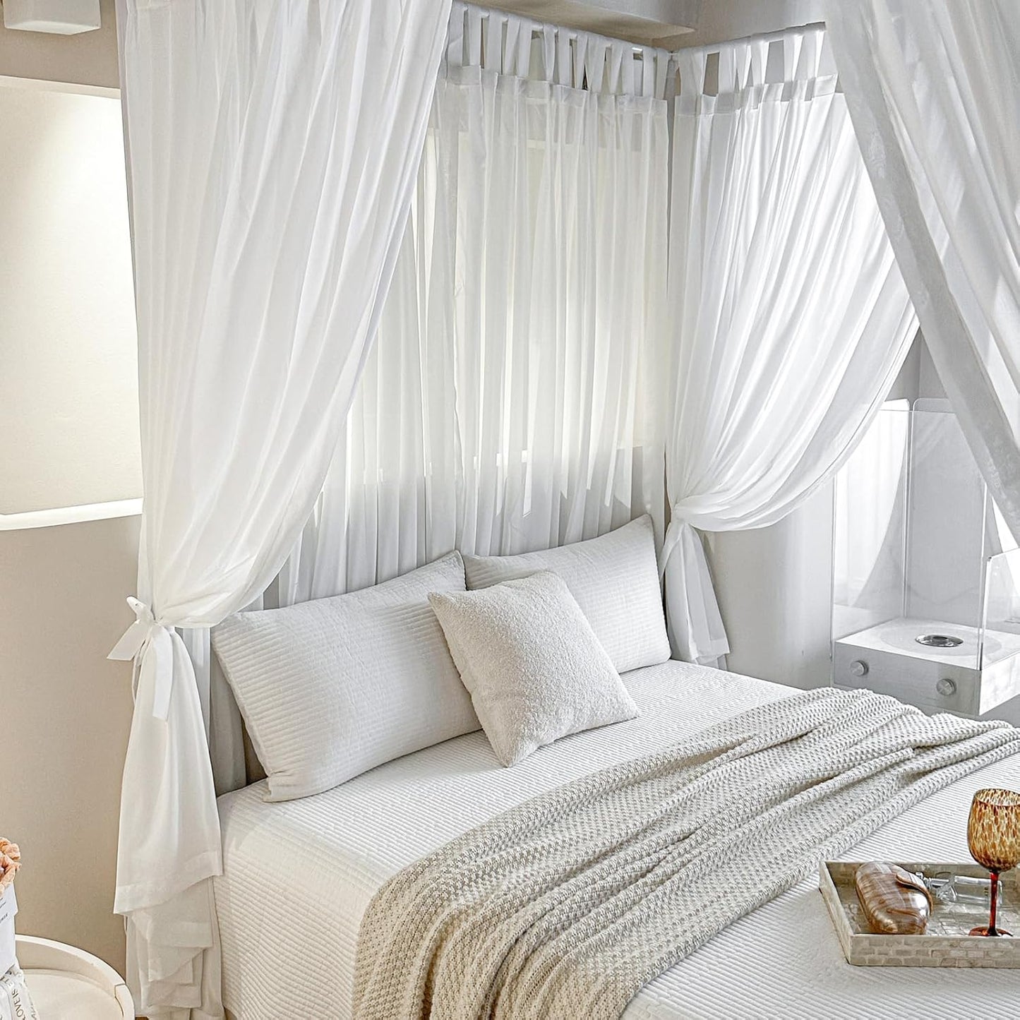 AIKASY Canopy Bed Board with Top and Self-Adhesive Strips, White Gauze Princess Bed Canopy Curtain Tent, Creating a Romantic Atmosphere in The Room(Full/Queen,White)