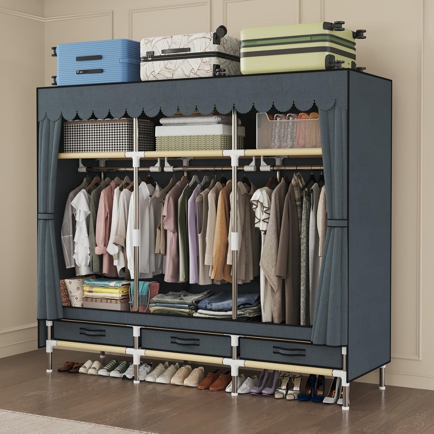 Portable Wardrobe, Freestanding Closet Hanging Organization, Metal Frame with Gray Fabric Cover, 3 Storage Compartments, 3 Hanging Rods, 3 Drawers.
