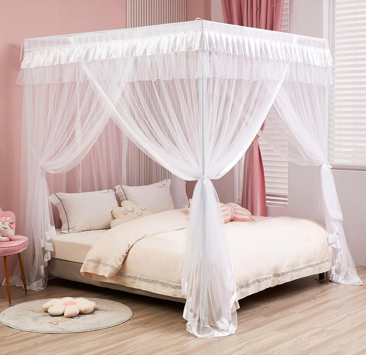 Mengersi Rainbow Canopy Bed Curtains with Lights - Princess Bed Canopy for Girls - Bed Drapes Netting- Bedroom Decoration Accessories,Full