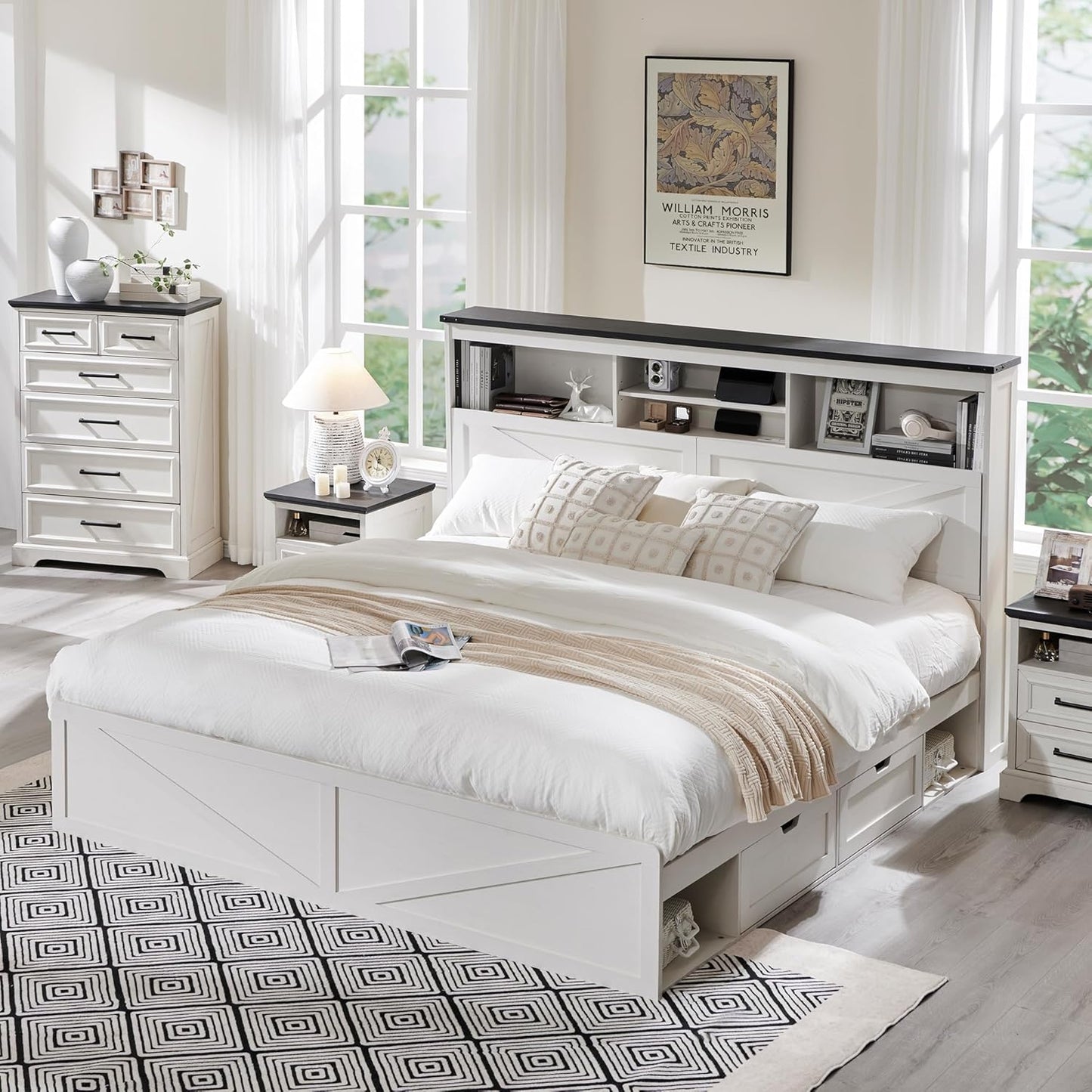 Farmhouse Queen Size Wood Bed Frame with 52" Tall Storage Headboard and 4 Drawers,LED Light,Charging Station,Solid Wood Slats Support,Noiseless,No Box Spring Needed,Antique White