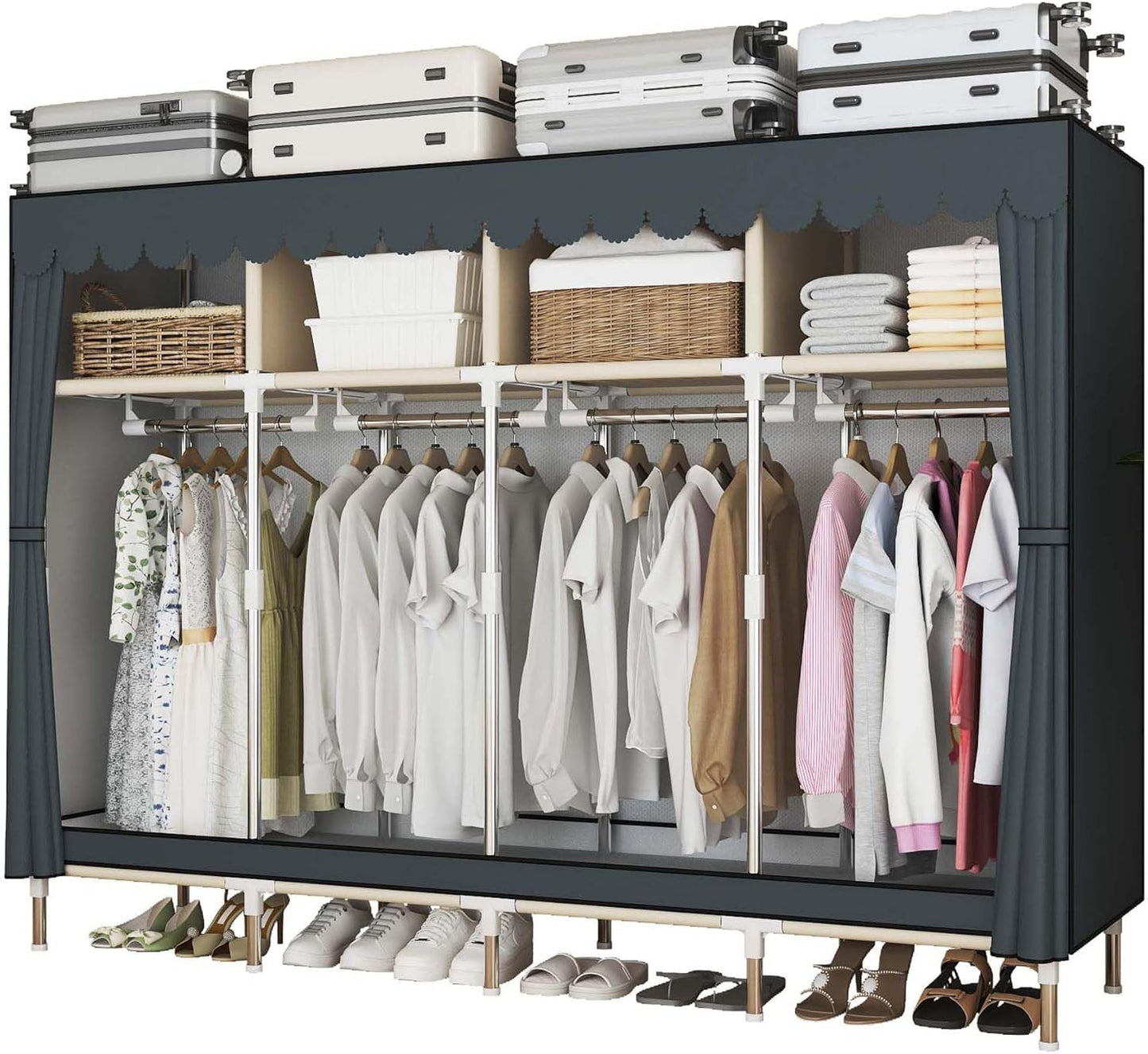 Portable Wardrobe Closet Durable and Easy to Assemble Heavy Duty Clothes Rack with Non-Woven Cover Fabric Best for Bedroom and Easy Storage and Organization (Grey-A)