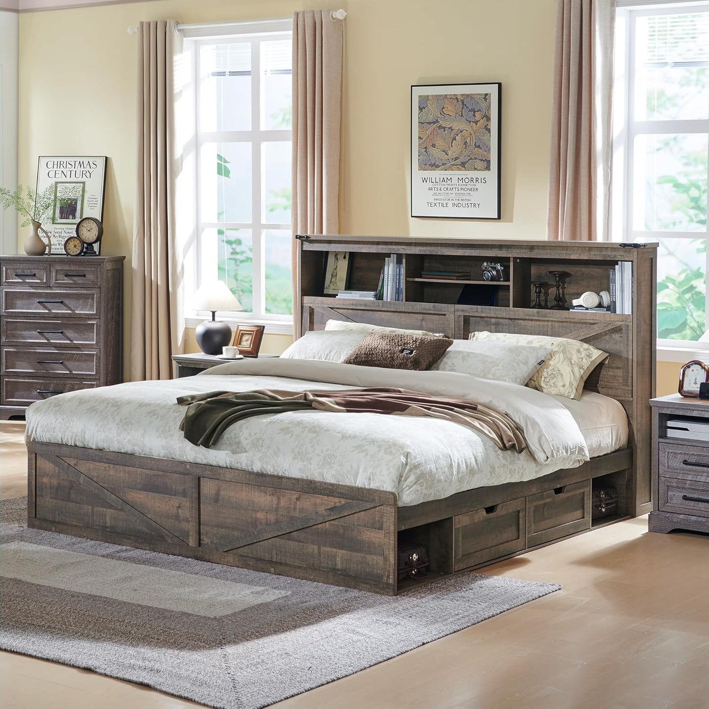 Farmhouse Queen Size Wood Bed Frame with 52" Tall Storage Headboard and 4 Drawers,LED Light,Charging Station,Solid Wood Slats Support,Noiseless,No Box Spring Needed,Antique White