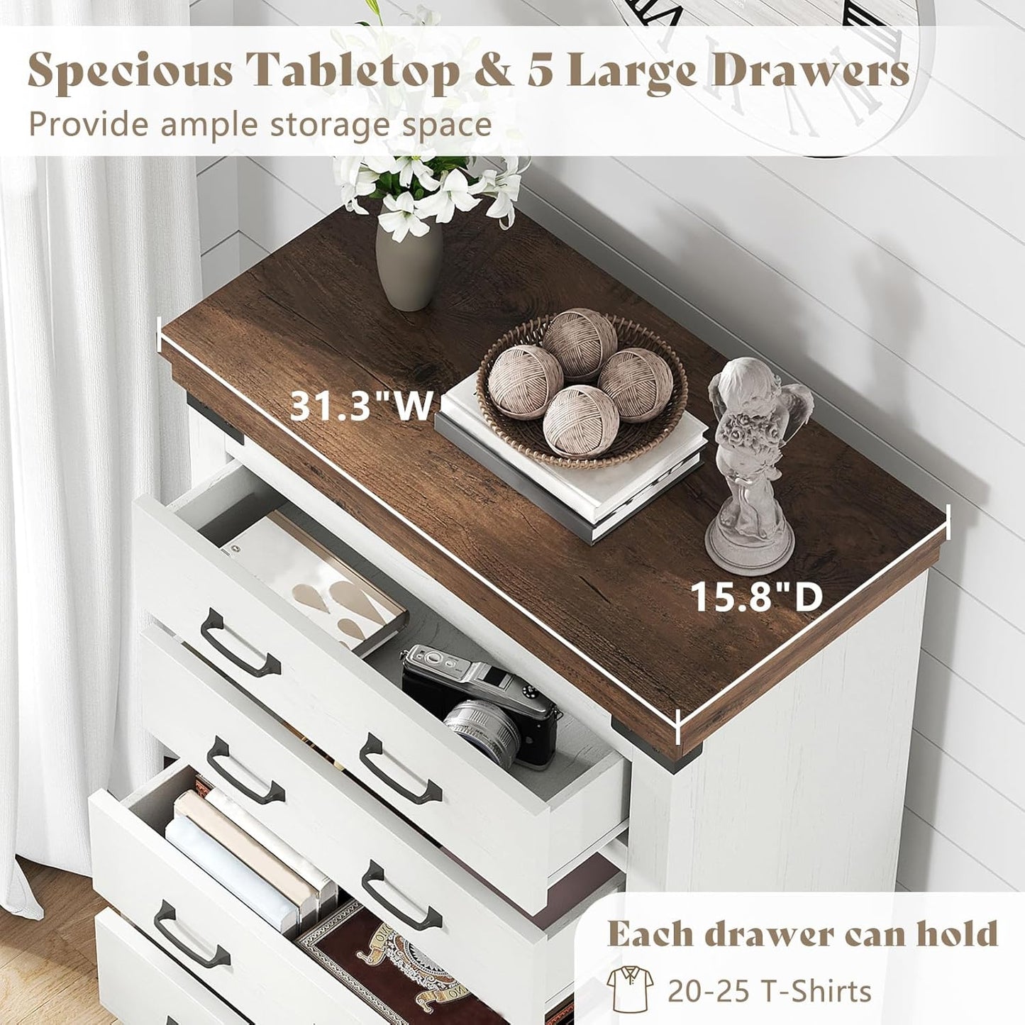 AMERLIFE 2 Pieces Farmhouse Bedroom Set, Includes Wood Rustic Queen Size Bed Frame with 54" Tall Headboard, 48" Tall 5 Drawers Dresser Chest, Heavy Duty Thick Plank Styling, Antique White