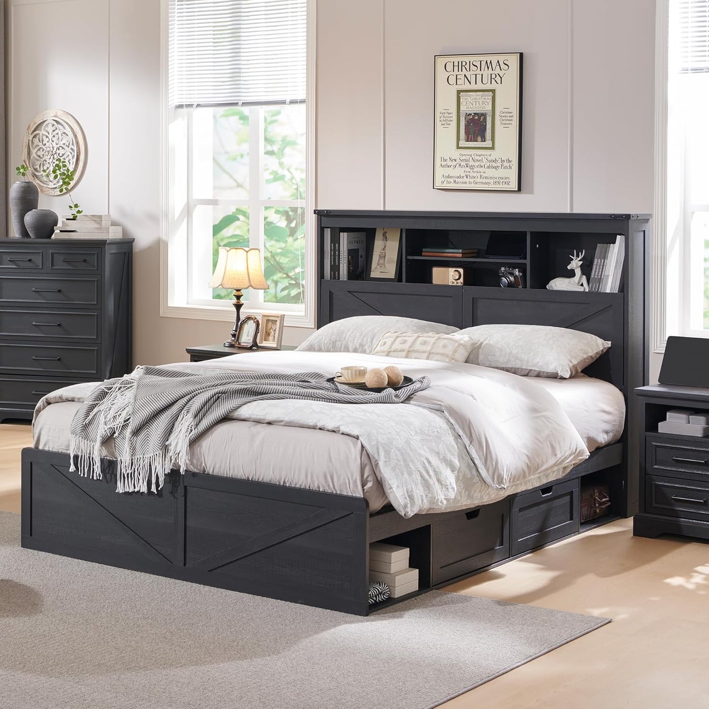 Farmhouse Queen Size Wood Bed Frame with 52" Tall Storage Headboard and 4 Drawers,LED Light,Charging Station,Solid Wood Slats Support,Noiseless,No Box Spring Needed,Antique White