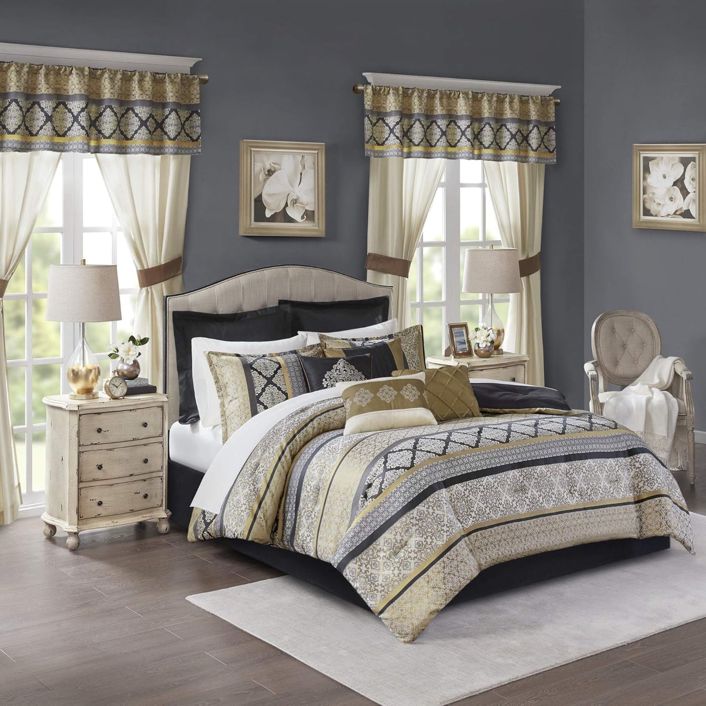 Madison Park Essentials Delaney 24-Piece Room In A Bag Comforter Set-Satin Jacquard, All Season Luxury Bedding, Sheets, decorative pillows and Curtains, Valance, Cal King(104"x92"), Medallion Red