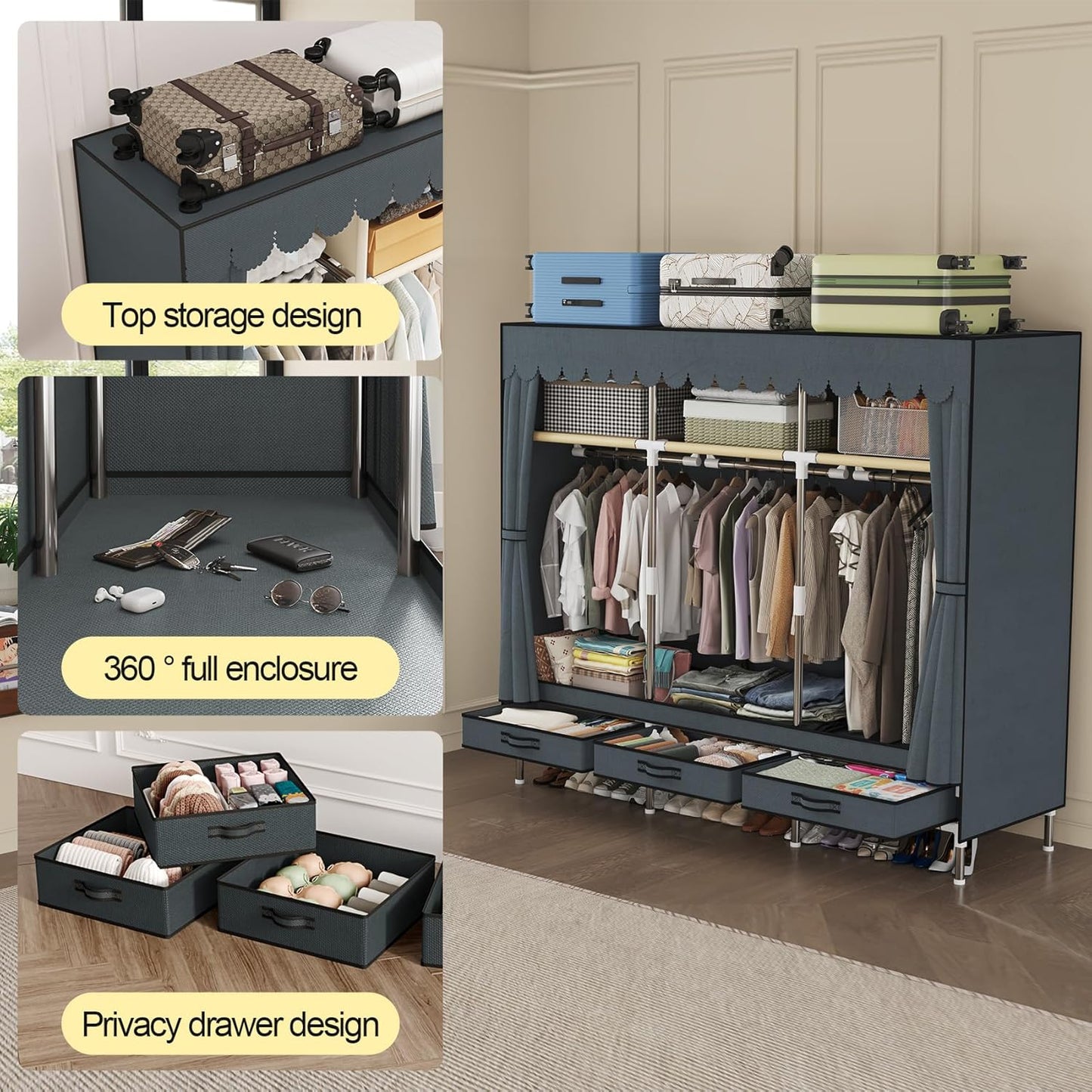 Portable Wardrobe, Freestanding Closet Hanging Organization, Metal Frame with Gray Fabric Cover, 3 Storage Compartments, 3 Hanging Rods, 3 Drawers.