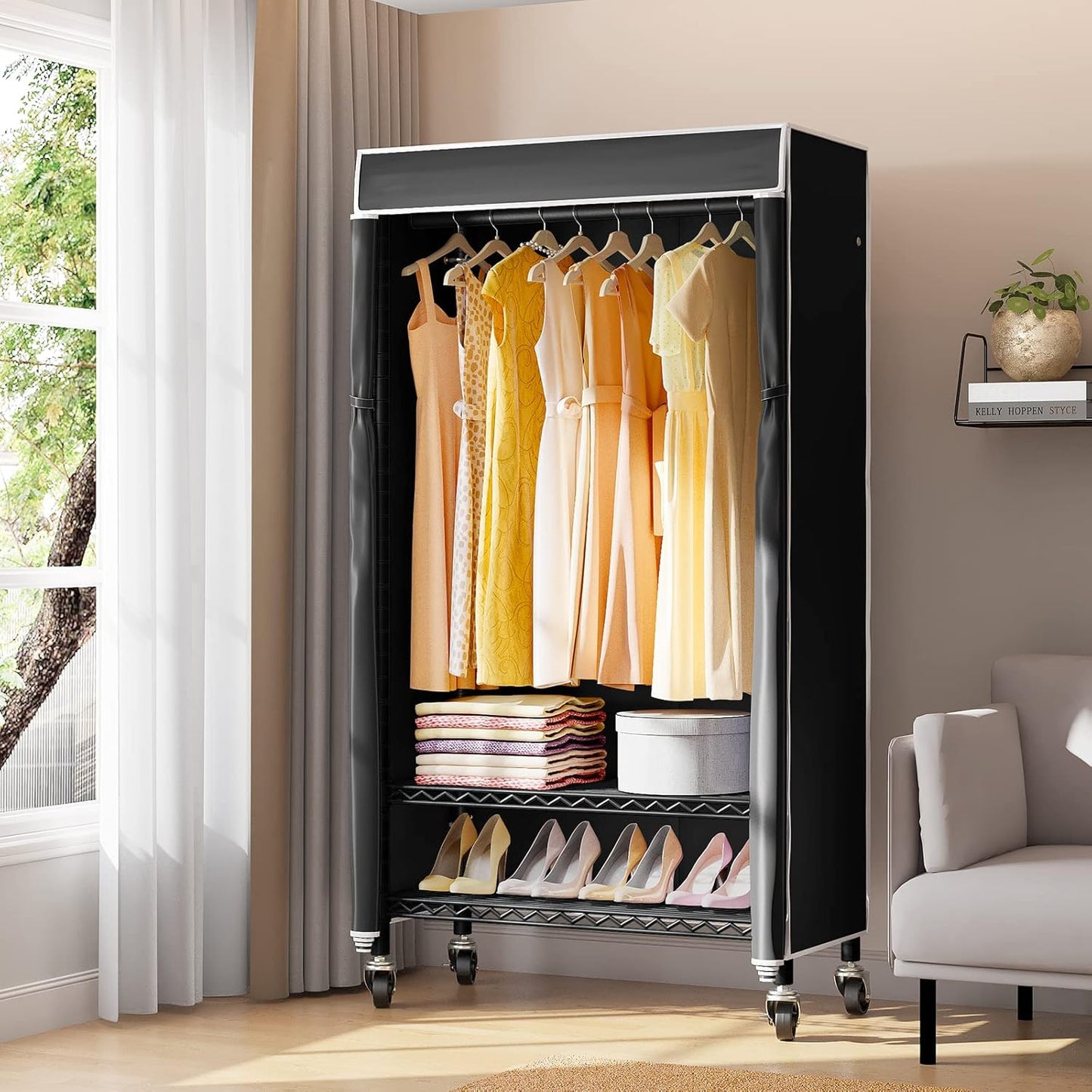 VIPEK R3C Rolling Clothes Rack with Cover Portable Closet for Hanging Clothes, Heavy Duty Garment Rack Freestanding Clothing Racks with Wheels& Hanging Rod, Black Closet Racks with Black Cover