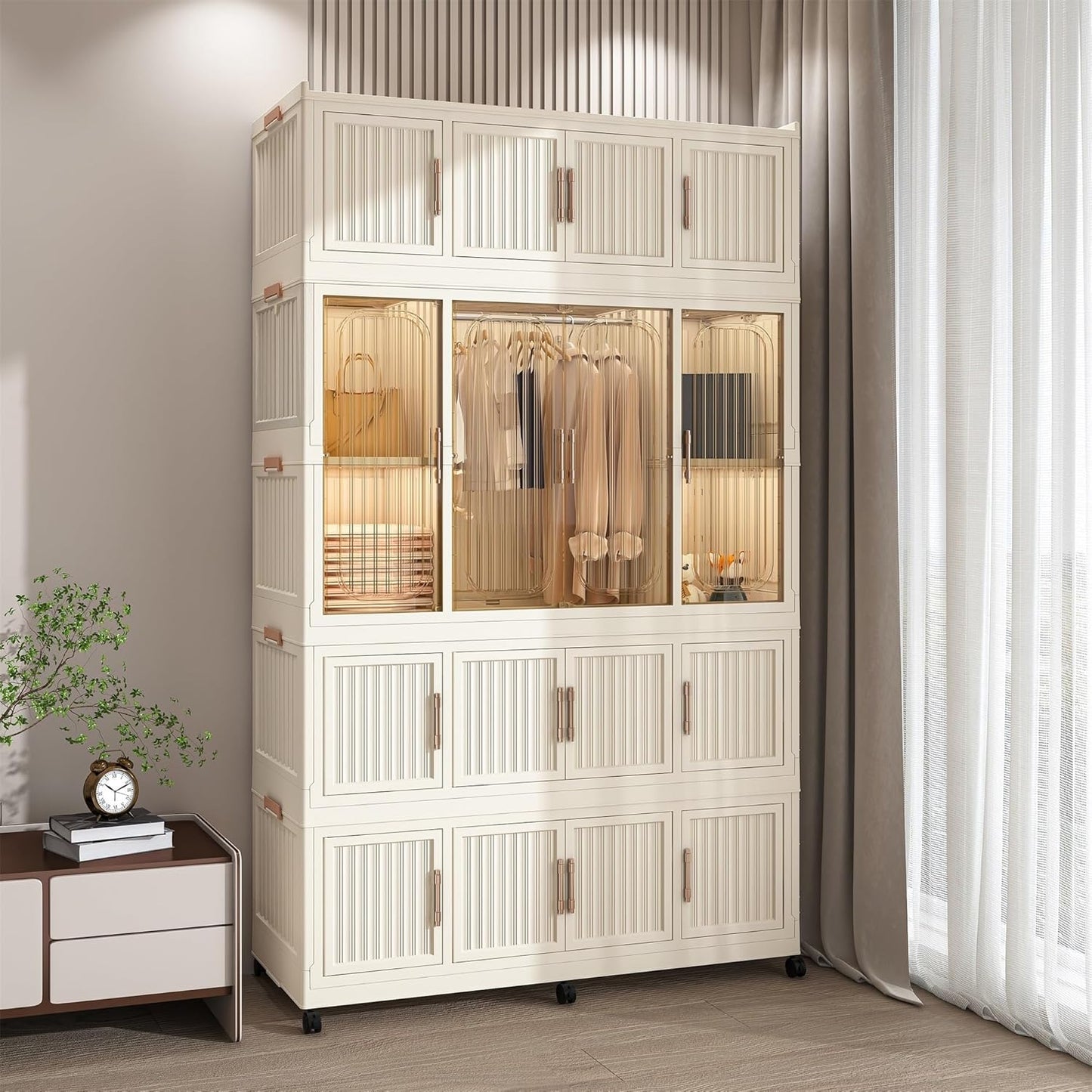 Portable Wardrobe Closet Storage Organizer for Clothes, Plastic Collapsible Closet Organizer with Magnetic Transparent Door, for Living Room Bedroom,Easy Assemble,8 Cubes & 2 Hanging Rod