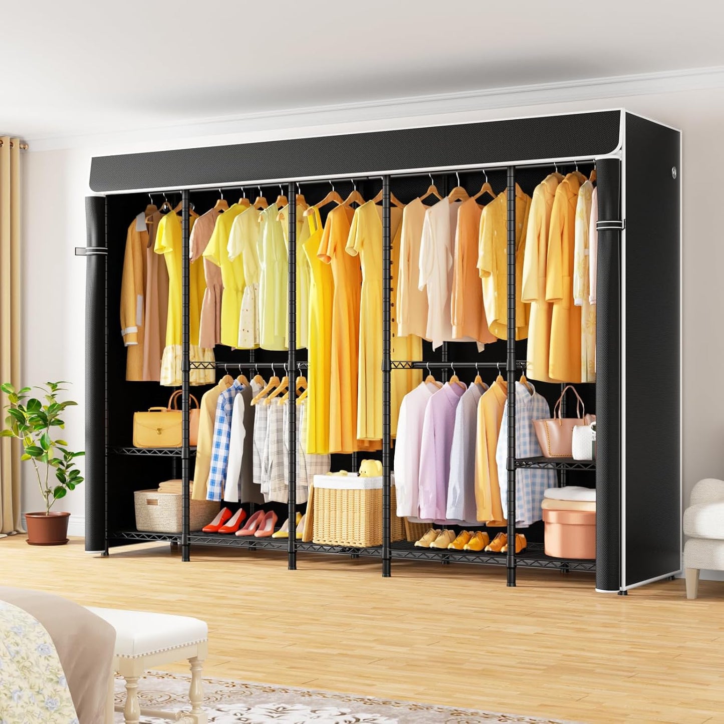 H50C Extra Large Clothes Rack with Cover, Freestanding Portable Closet, Covered Clothing Racks for Hanging Clothes, Heavy Duty Garment Rack, Wardrobe Closet with Black Cover Max Load 1350 Lbs