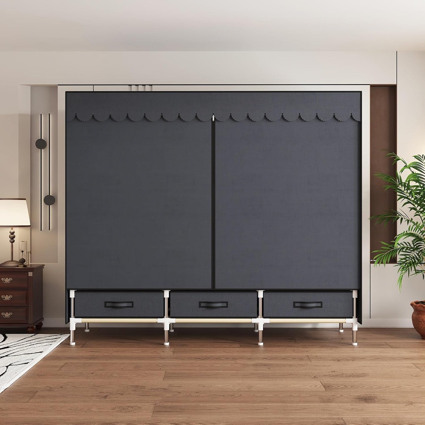 Portable Wardrobe Closet Durable and Easy to Assemble Heavy Duty Clothes Rack with Non-Woven Cover Fabric Best for Bedroom and Easy Storage and Organization (Grey-A)