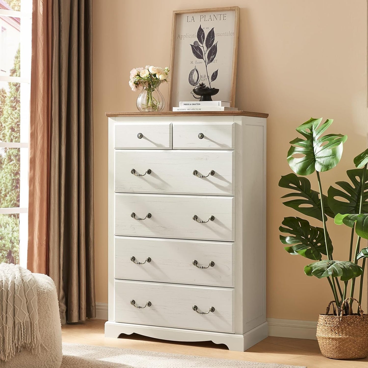 AMERLIFE 5 Piece Bedroom Set, Including Farmhouse Full Size Bed Frame with 4 Drawers, 7 Drawer Dresser & 6 Chest of Drawers, 2 Nightstands with Charging Station for Bedroom, White