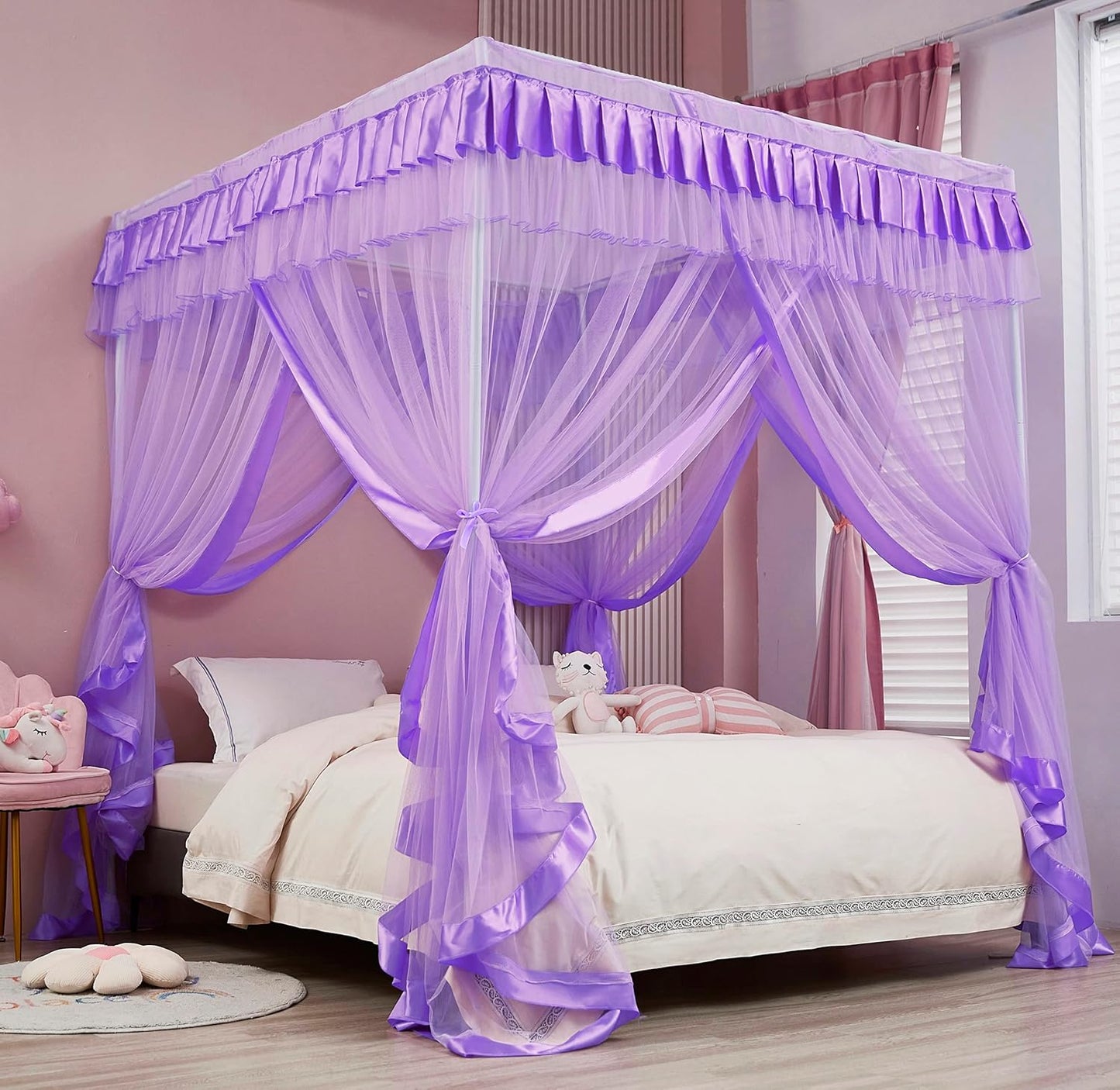 Mengersi Rainbow Canopy Bed Curtains with Lights - Princess Bed Canopy for Girls - Bed Drapes Netting- Bedroom Decoration Accessories,Full