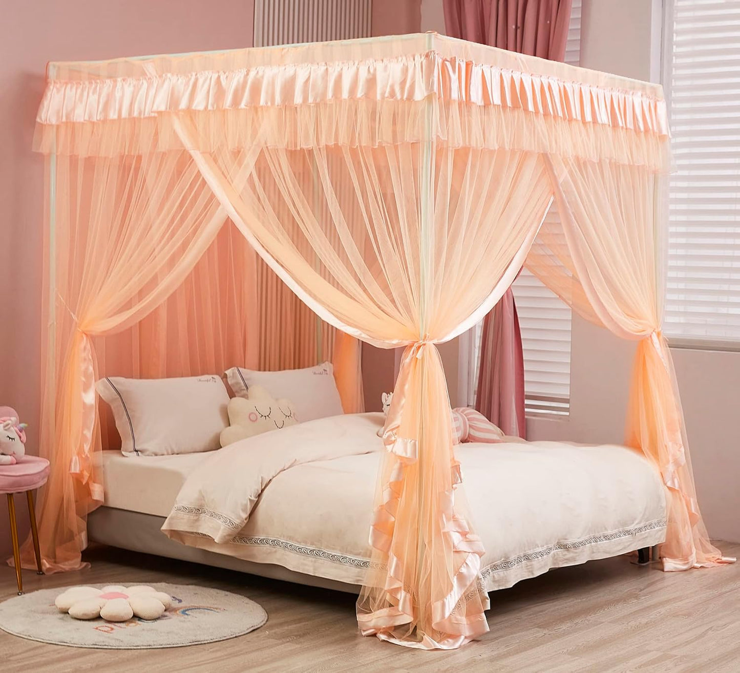 Mengersi Rainbow Canopy Bed Curtains with Lights - Princess Bed Canopy for Girls - Bed Drapes Netting- Bedroom Decoration Accessories,Full