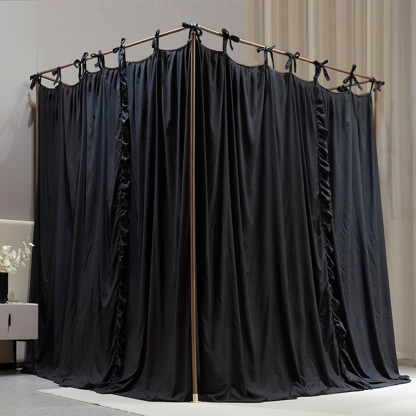4 Corners Post Princess Curtain Bed Canopy Double Layer Cozy Mosquito Net Mesh and Cloth for Girls Adults Bedroom Decoration (Double-Black/Black, 64" W*82" L*82"*H/(Queen))