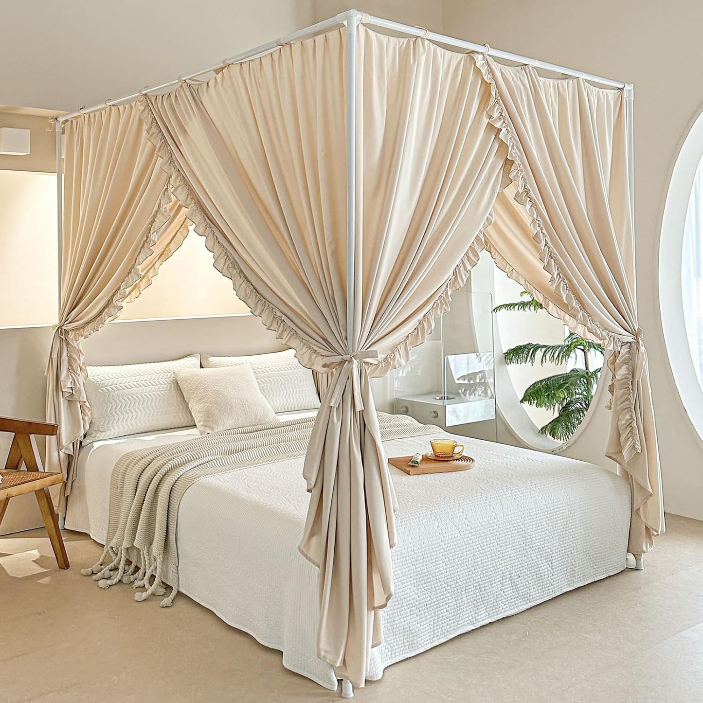 AIKASY Princess Canopy Bed Curtains with Top Ties - Windproof & Lightproof for Girls' Adult Bedroom Decor | Bed Canopy Drapes (Full,Khaki)