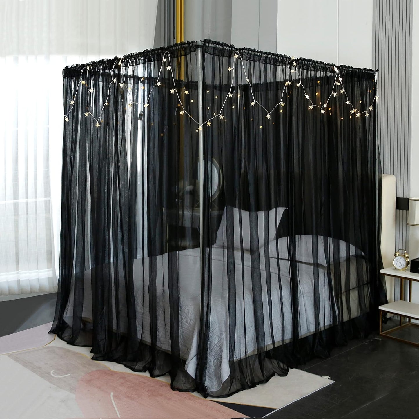 Akiky Canopy for Girls Room Bed Curtains Elegant Sheer Curtain for Twin Full Queen King Size Bed Drapes,8 Panels Canopies with Light,Room Décor(Full/Queen,Black)