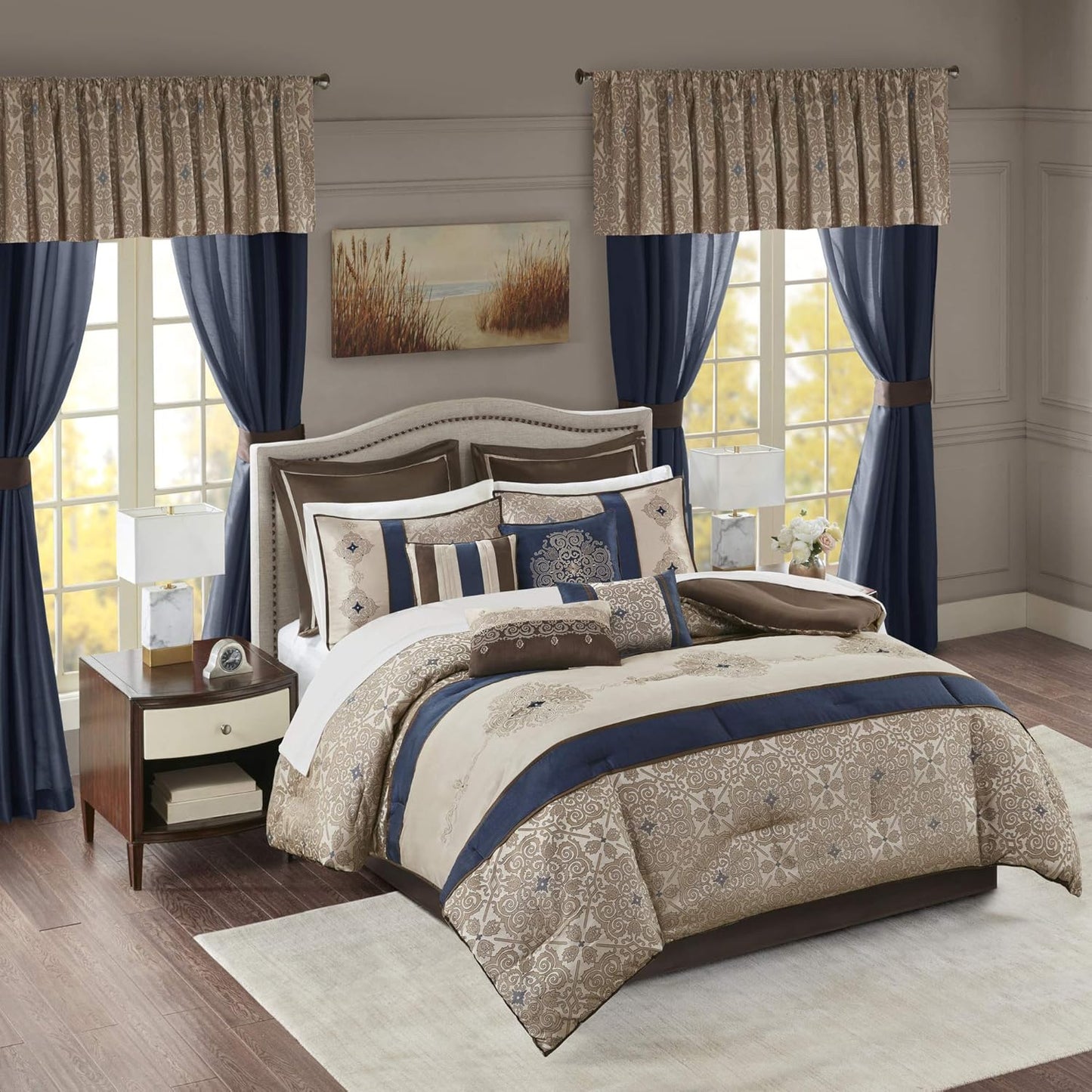 Madison Park Essentials Delaney 24-Piece Room In A Bag Comforter Set-Satin Jacquard, All Season Luxury Bedding, Sheets, decorative pillows and Curtains, Valance, Cal King(104"x92"), Medallion Red