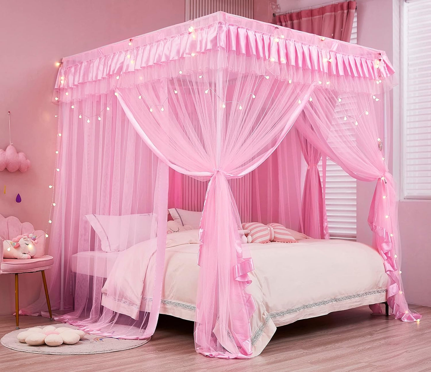Mengersi Rainbow Canopy Bed Curtains with Lights - Princess Bed Canopy for Girls - Bed Drapes Netting- Bedroom Decoration Accessories,Full