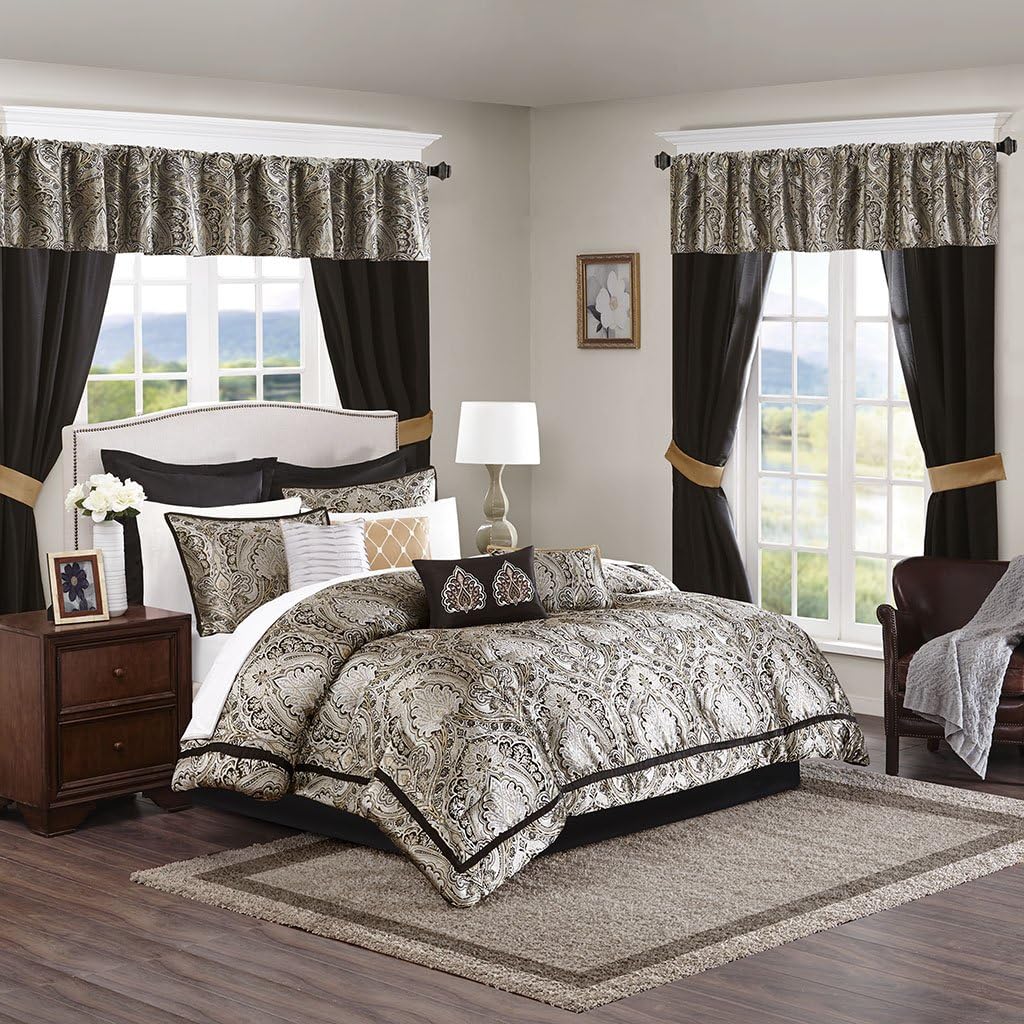 Madison Park Essentials Delaney 24-Piece Room In A Bag Comforter Set-Satin Jacquard, All Season Luxury Bedding, Sheets, decorative pillows and Curtains, Valance, Cal King(104"x92"), Medallion Red