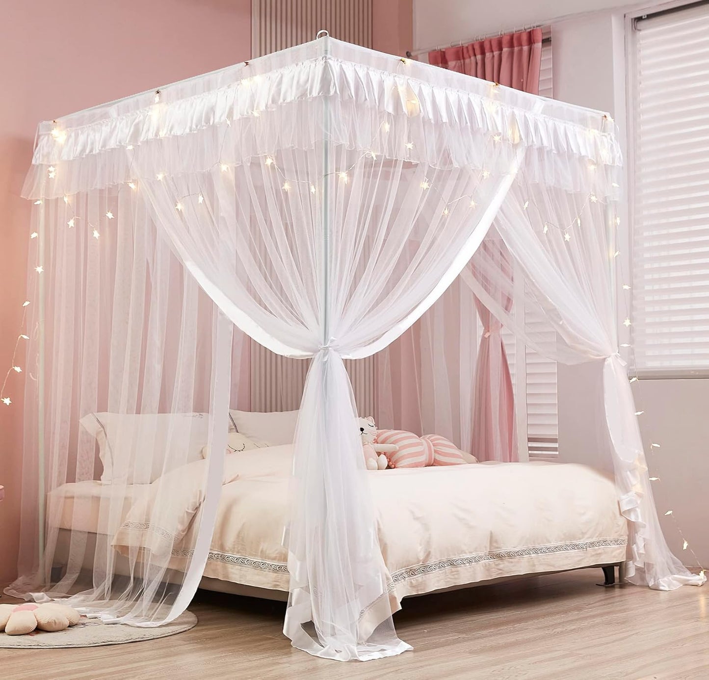 Mengersi Rainbow Canopy Bed Curtains with Lights - Princess Bed Canopy for Girls - Bed Drapes Netting- Bedroom Decoration Accessories,Full
