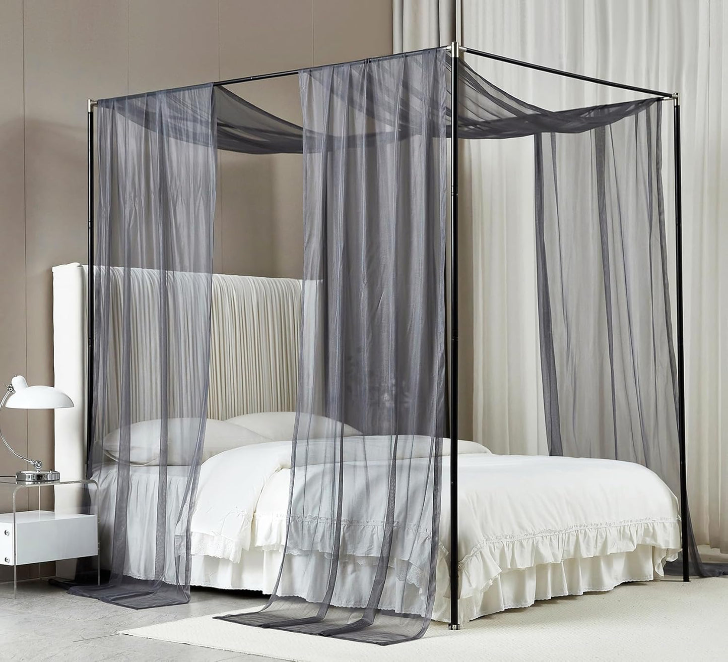 Akiky Canopy Bed Curtains with Light Princess Bed Canopy Scarf for Full/Queen Metal Bed Frame,Wood Frame Bed-2 Panel Sheer Curtain(Full/Queen,White)