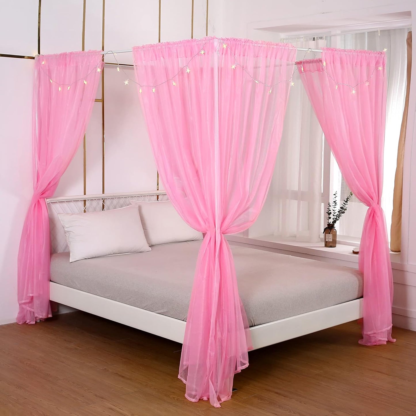 Akiky Canopy for Girls Room Bed Curtains Elegant Sheer Curtain for Twin Full Queen King Size Bed Drapes,8 Panels Canopies with Light,Room Décor(Full/Queen,Black)