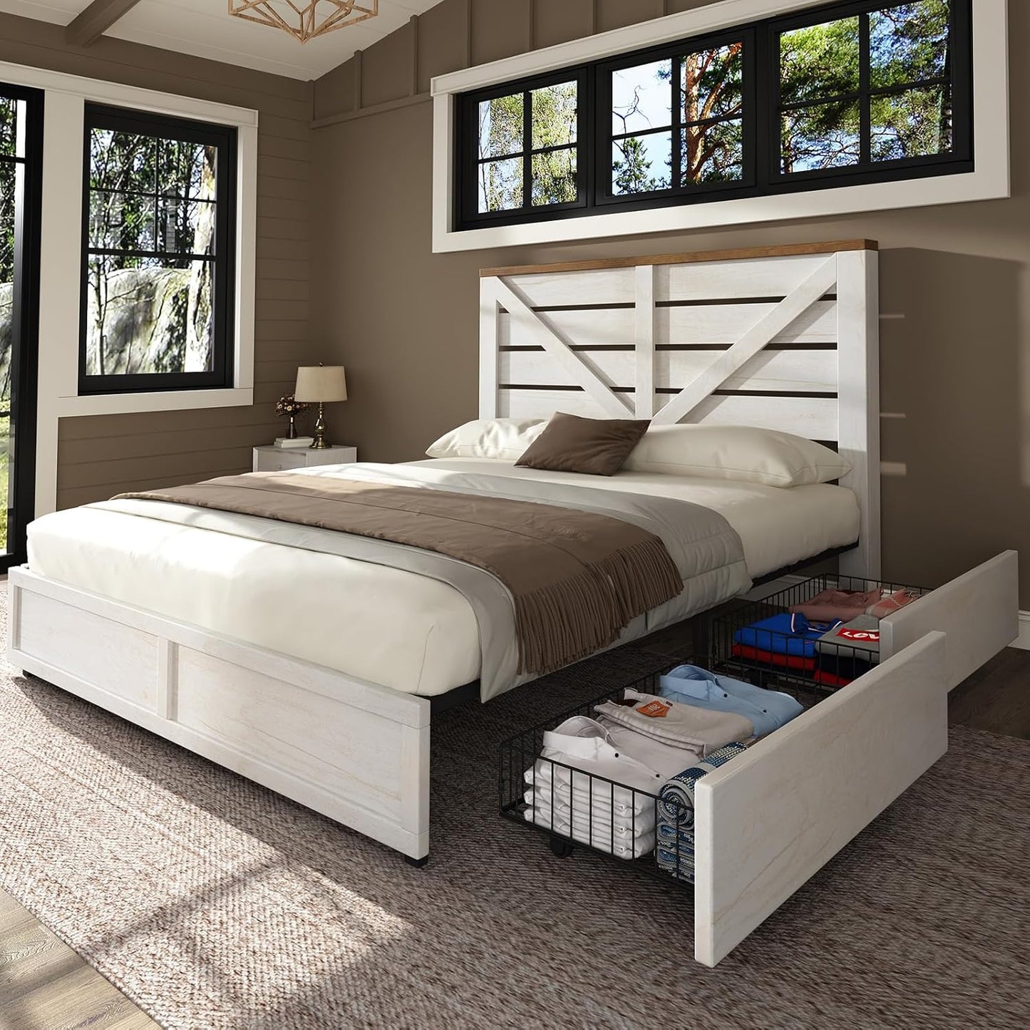 AMERLIFE 5 Piece Bedroom Set, Including Farmhouse Full Size Bed Frame with 4 Drawers, 7 Drawer Dresser & 6 Chest of Drawers, 2 Nightstands with Charging Station for Bedroom, White