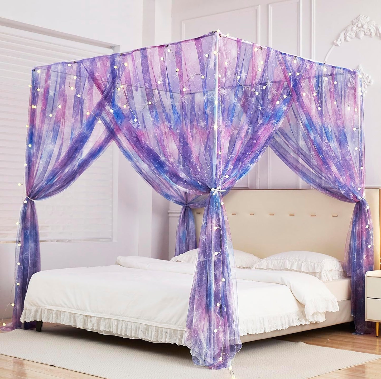 Mengersi Rainbow Canopy Bed Curtains with Lights - Princess Bed Canopy for Girls - Bed Drapes Netting- Bedroom Decoration Accessories,Full