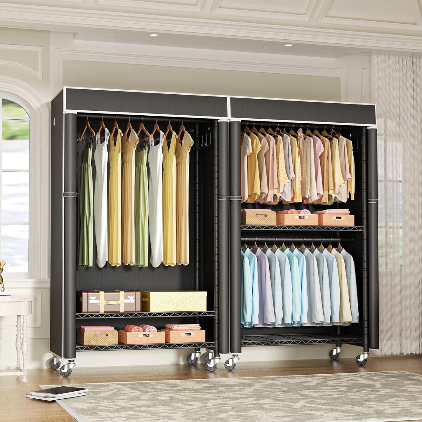 Clothing Rack with Cover, P1C Rolling Closets with Wheels, Metal Garment Rack for Hanging Clothes, Clothing Storage Wardrobe with Cover, 36.2" W x 16.5" D x 80.5" H, Black, Load 450 Pounds