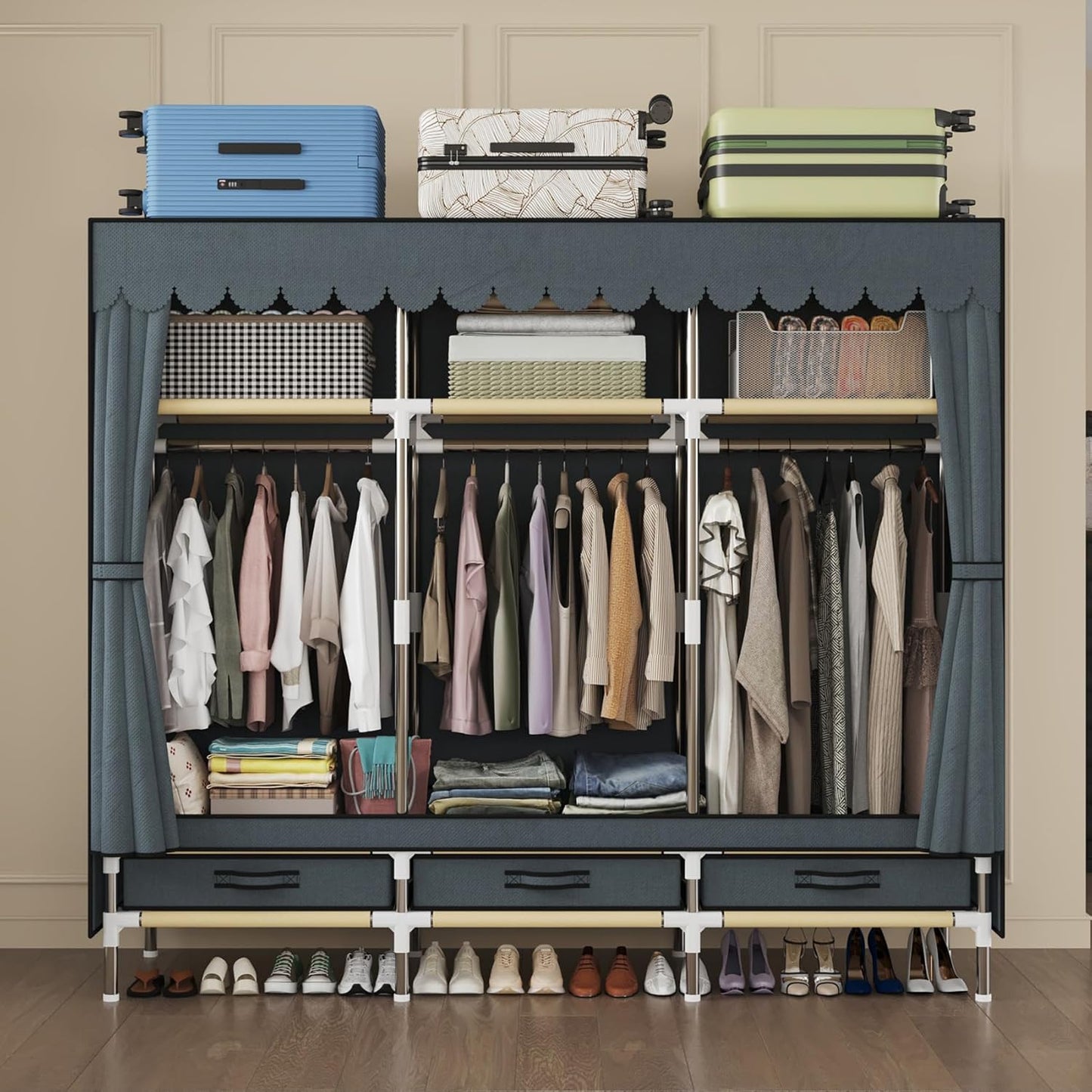Portable Wardrobe, Freestanding Closet Hanging Organization, Metal Frame with Gray Fabric Cover, 3 Storage Compartments, 3 Hanging Rods, 3 Drawers.