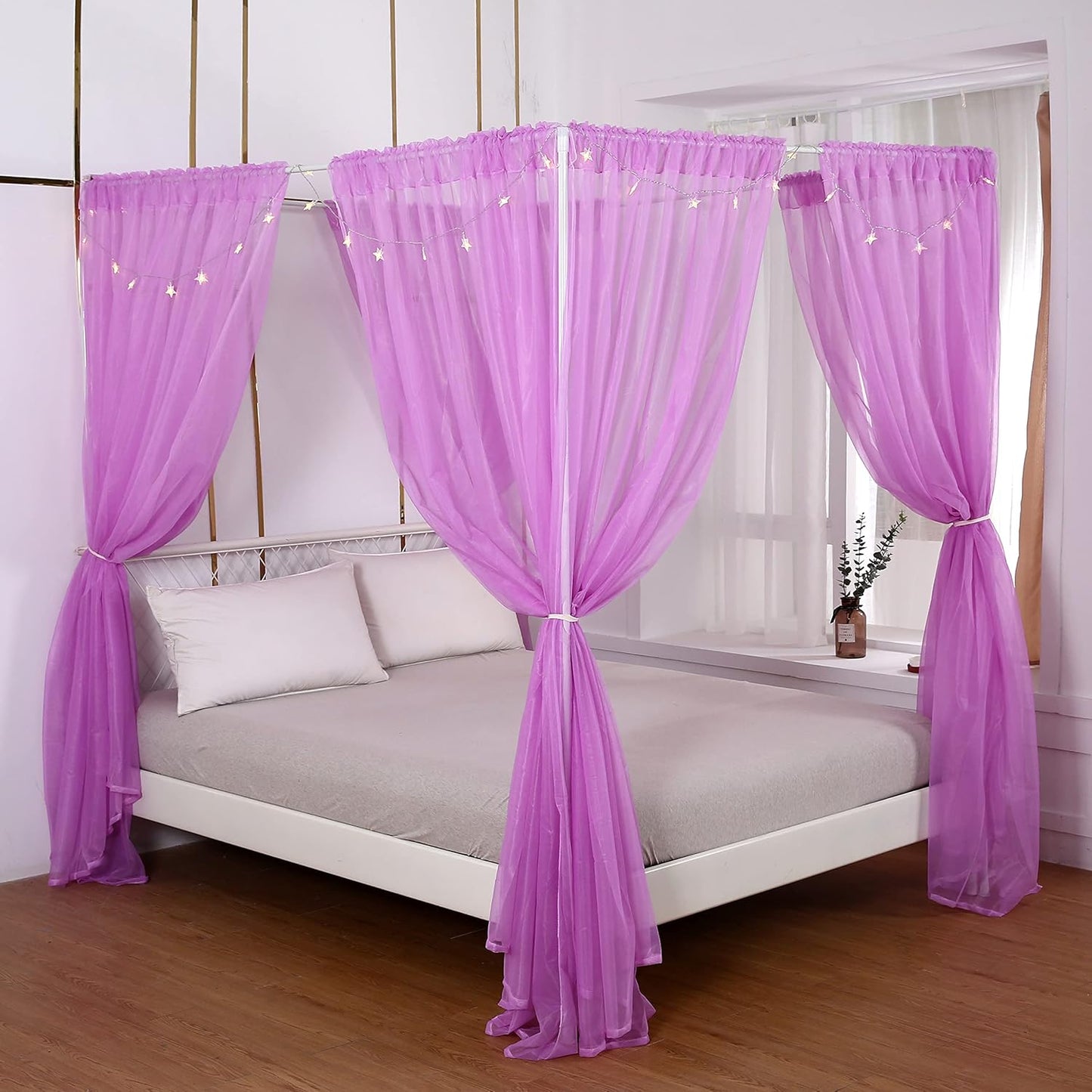 Akiky Canopy for Girls Room Bed Curtains Elegant Sheer Curtain for Twin Full Queen King Size Bed Drapes,8 Panels Canopies with Light,Room Décor(Full/Queen,Black)