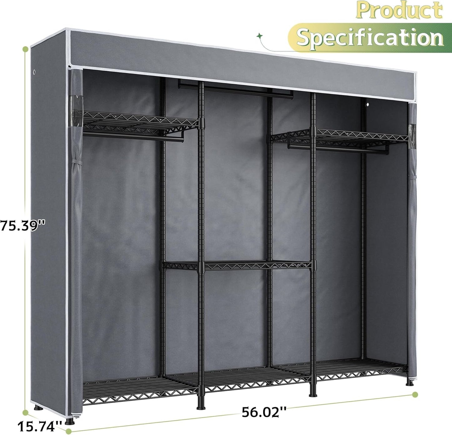 Raybee Heavy Duty Clothes Rack with Cover 800 LBS Clothing Racks for Hanging Clothes Portable Closet for Bedroom 56" Wx 16" Dx75.5 H