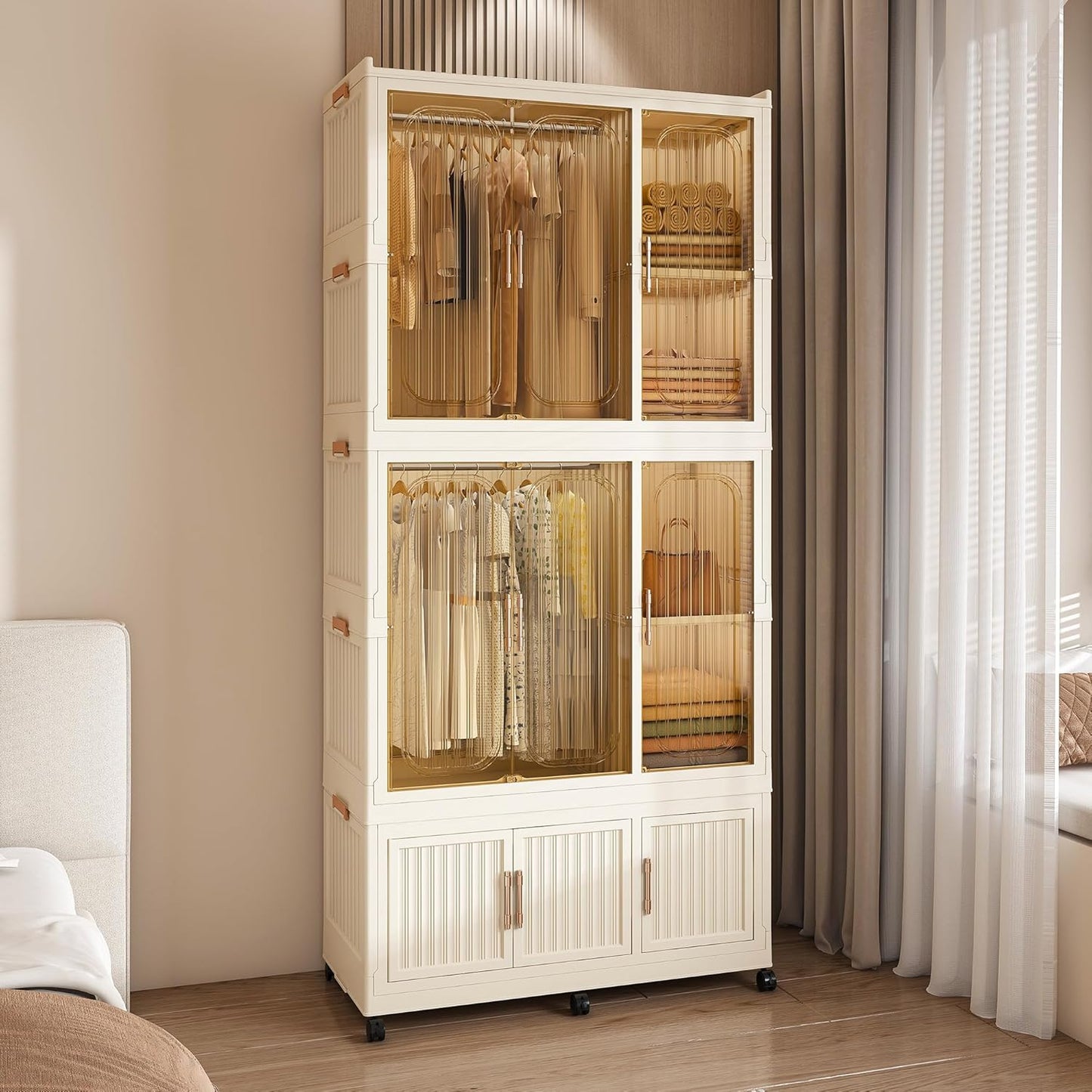 Portable Wardrobe Closet Storage Organizer for Clothes, Plastic Collapsible Closet Organizer with Magnetic Transparent Door, for Living Room Bedroom,Easy Assemble,8 Cubes & 2 Hanging Rod