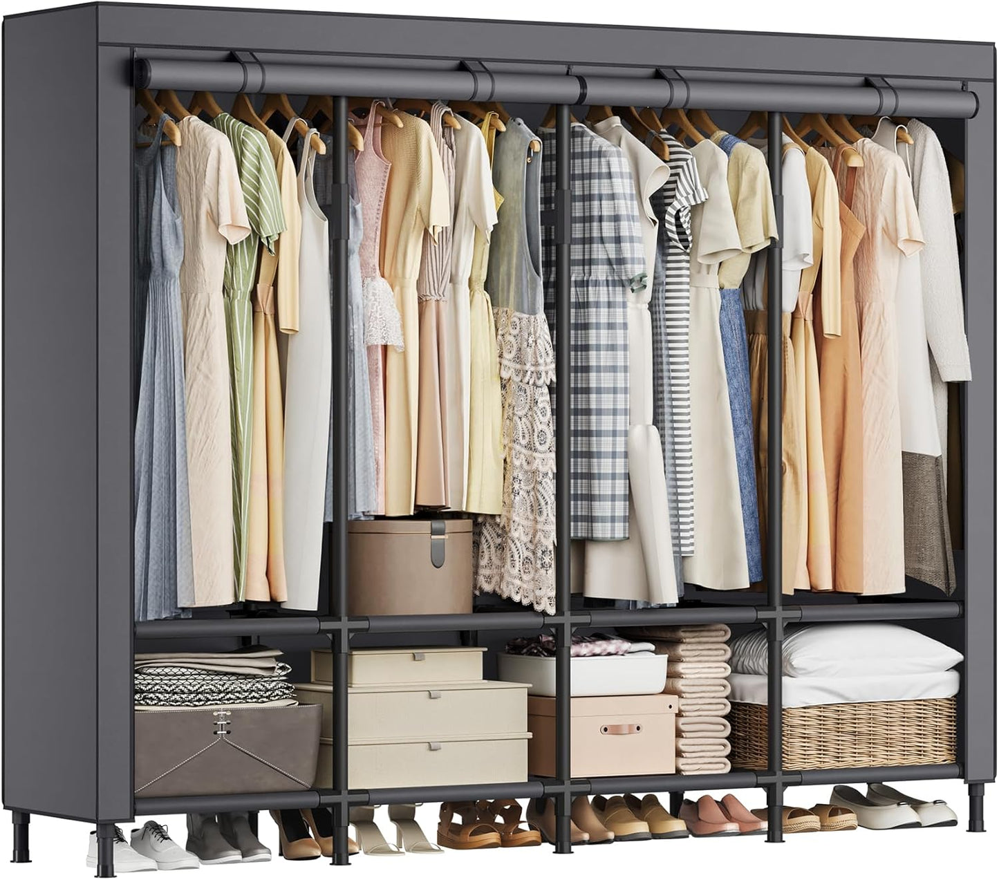 SONGMICS Wardrobe Closet, 83.5 Inch Large Capacity Portable Closet, Clothing Rack, 25 mm Dia,Thick Steel Tubes, Clothes Organizer with Fabric Cover, 5 Hanging Rails, 10 Shelves, Ink Black URDR095B01