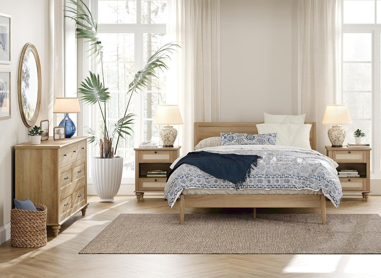 WAMPAT 3 Piece Bedroom Set - Includes Bedroom 7 Drawer Dresser, Set of 2 Rattan Bedside Tables with Charging Station, 3 Piece Dresser and Nightstand Sets, Oak