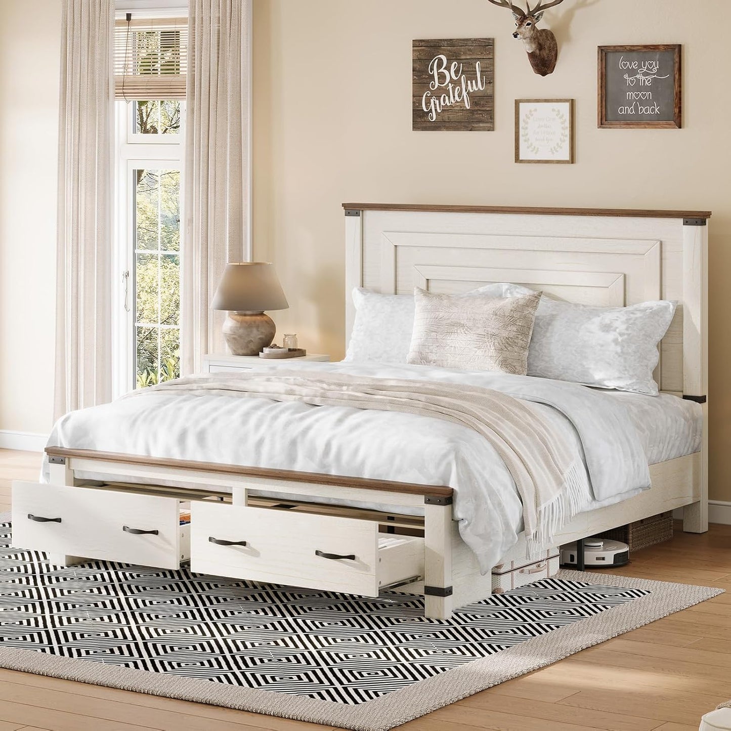AMERLIFE 2 Pieces Farmhouse Bedroom Set, Includes Wood Rustic Queen Size Bed Frame with 54" Tall Headboard, 48" Tall 5 Drawers Dresser Chest, Heavy Duty Thick Plank Styling, Antique White