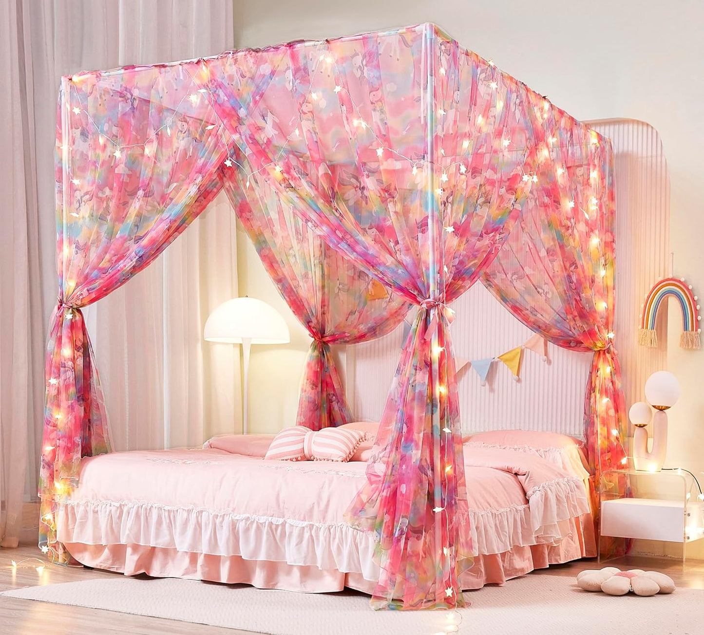 Mengersi Rainbow Canopy Bed Curtains with Lights - Princess Bed Canopy for Girls - Bed Drapes Netting- Bedroom Decoration Accessories,Full