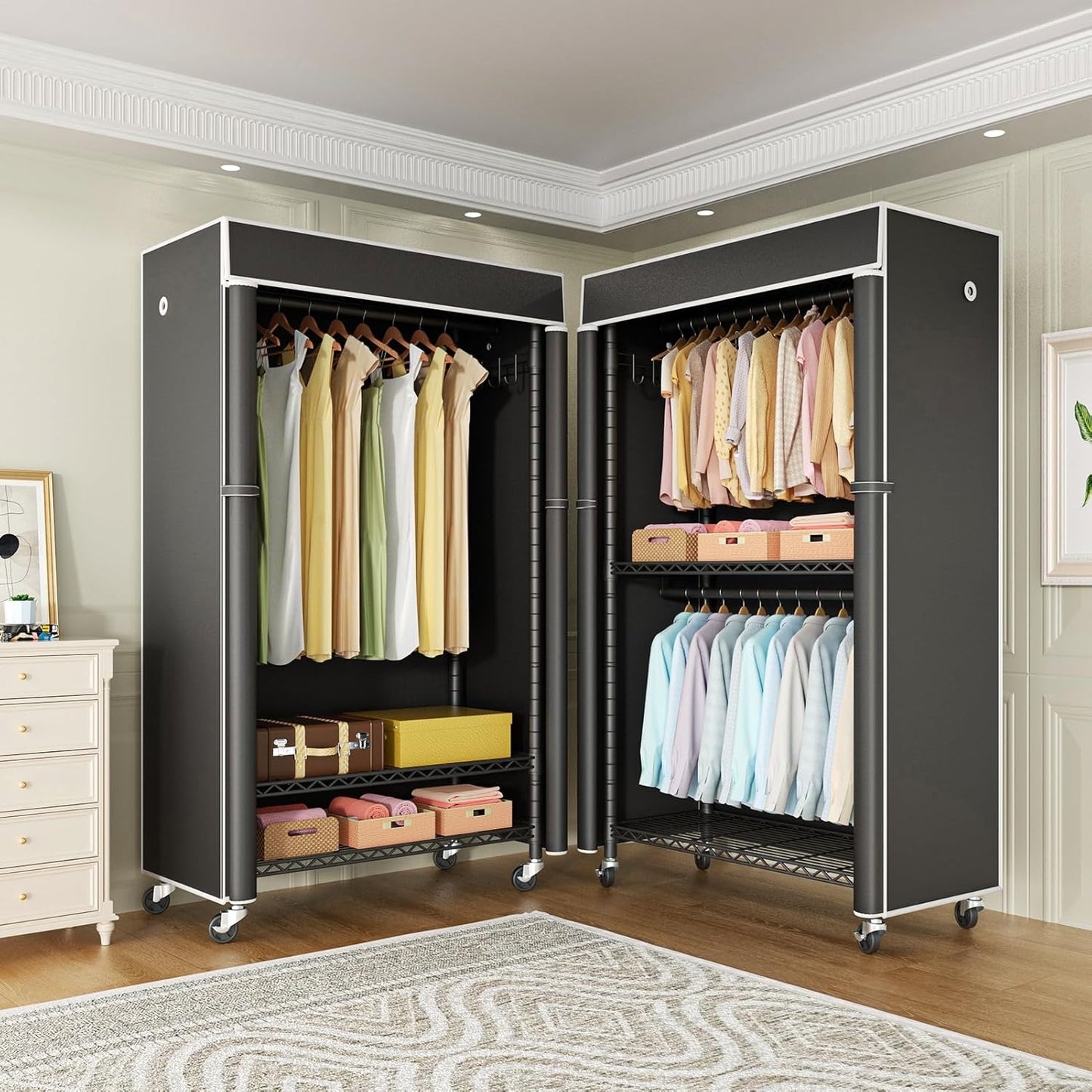 Clothing Rack with Cover, P1C Rolling Closets with Wheels, Metal Garment Rack for Hanging Clothes, Clothing Storage Wardrobe with Cover, 36.2" W x 16.5" D x 80.5" H, Black, Load 450 Pounds
