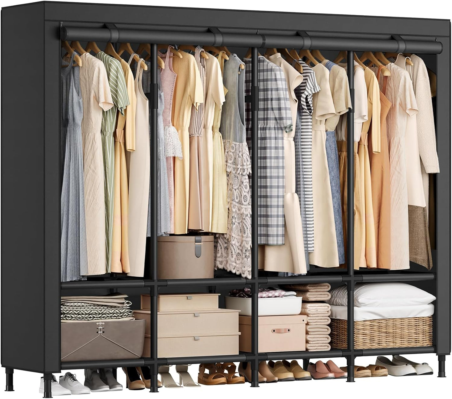 SONGMICS Wardrobe Closet, 83.5 Inch Large Capacity Portable Closet, Clothing Rack, 25 mm Dia,Thick Steel Tubes, Clothes Organizer with Fabric Cover, 5 Hanging Rails, 10 Shelves, Ink Black URDR095B01