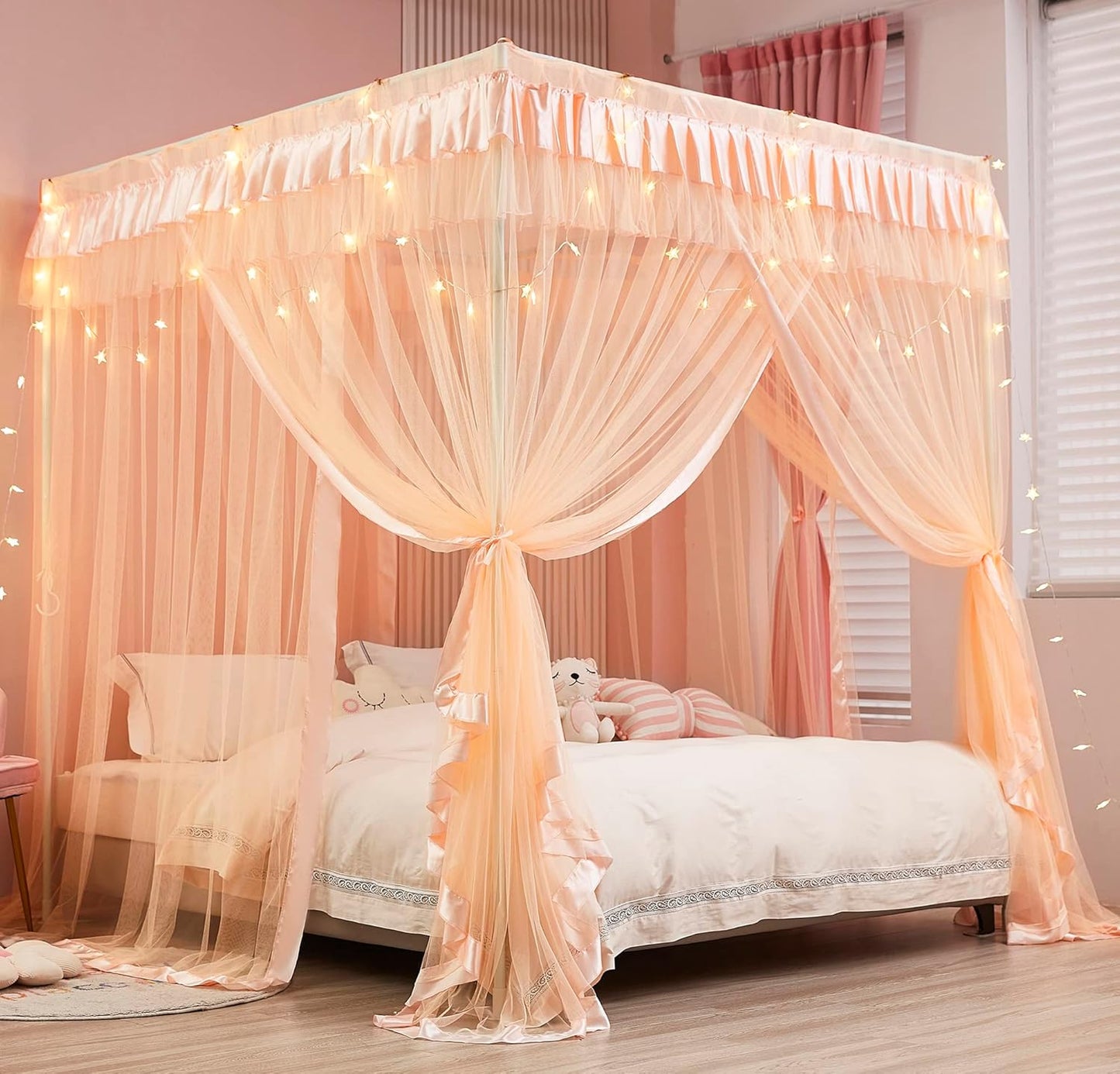 Mengersi Rainbow Canopy Bed Curtains with Lights - Princess Bed Canopy for Girls - Bed Drapes Netting- Bedroom Decoration Accessories,Full