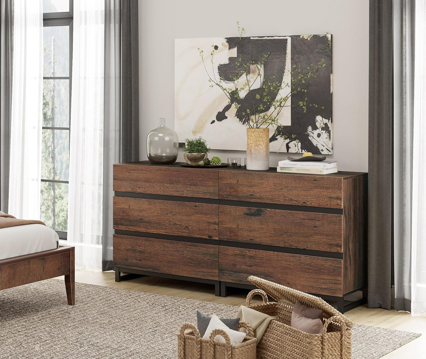 WAMPAT Dresser and Nightstand Set of 3, 63 Inches Dresser with 6 Drawers, 2 Nightstand with Drawer and Cabinet for Bedroom, Bedroom Furniture Set,Brown