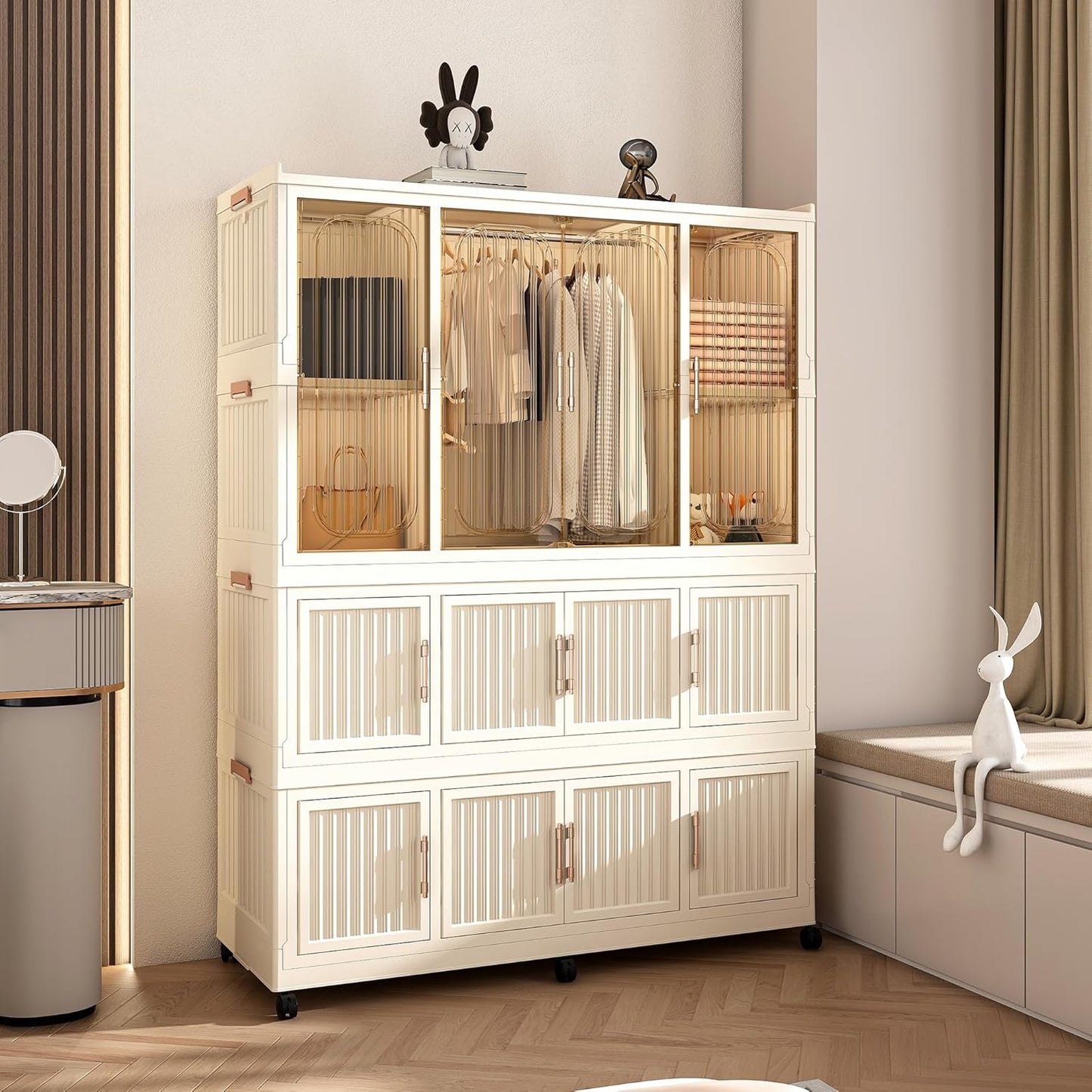 Portable Wardrobe Closet Storage Organizer for Clothes, Plastic Collapsible Closet Organizer with Magnetic Transparent Door, for Living Room Bedroom,Easy Assemble,8 Cubes & 2 Hanging Rod