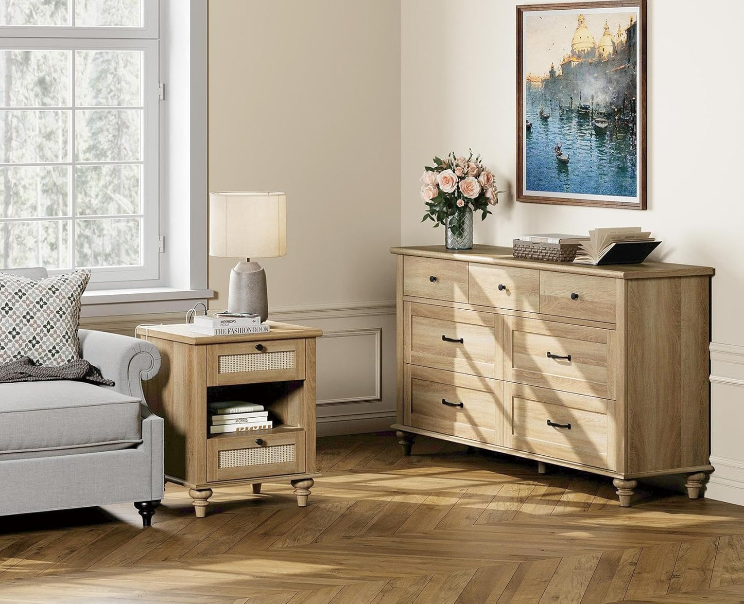 WAMPAT 3 Piece Bedroom Set - Includes Bedroom 7 Drawer Dresser, Set of 2 Rattan Bedside Tables with Charging Station, 3 Piece Dresser and Nightstand Sets, Oak