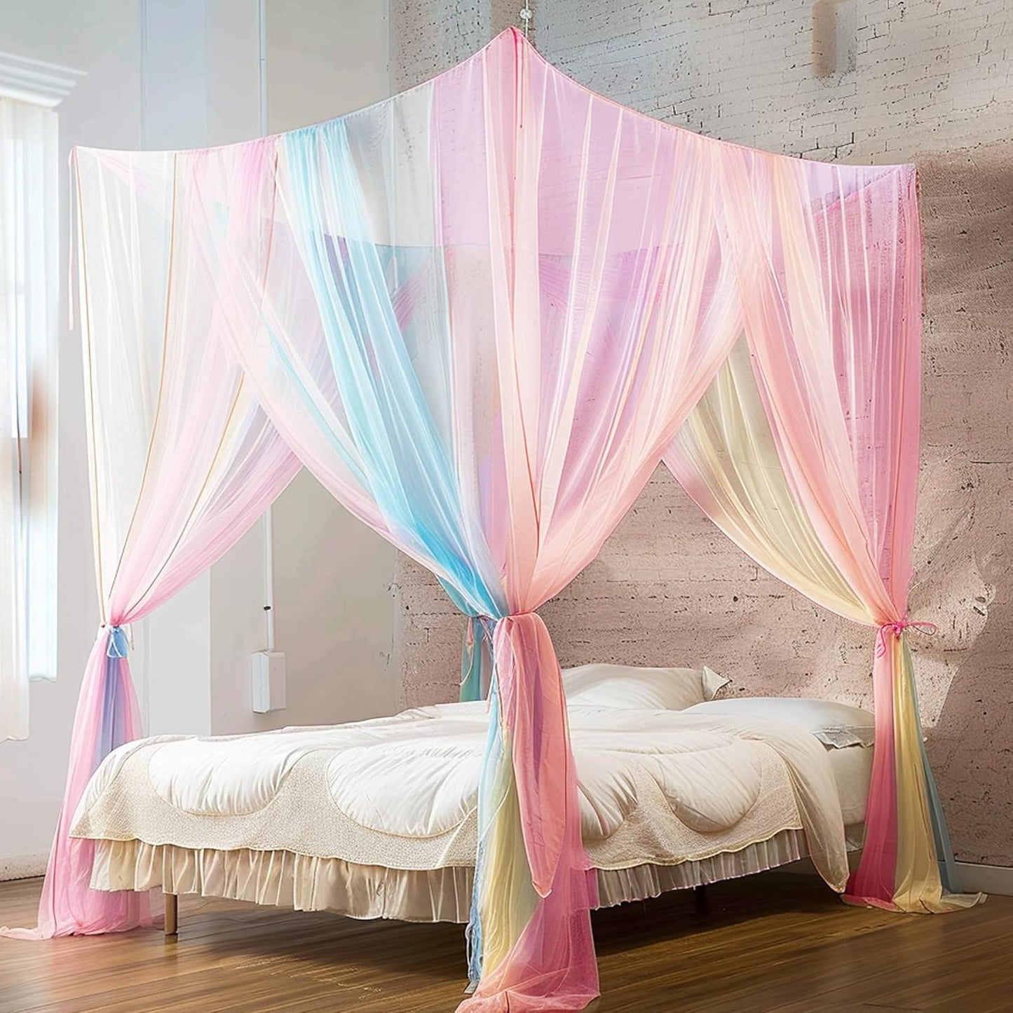 Bed Canopy with LED Star Lights, Canopy Bed Curtain with RGB Color Changing String Lights with Smart App Control Remote for Princess Girls Bedroom, Suggested for Twin Full Queen King Bed