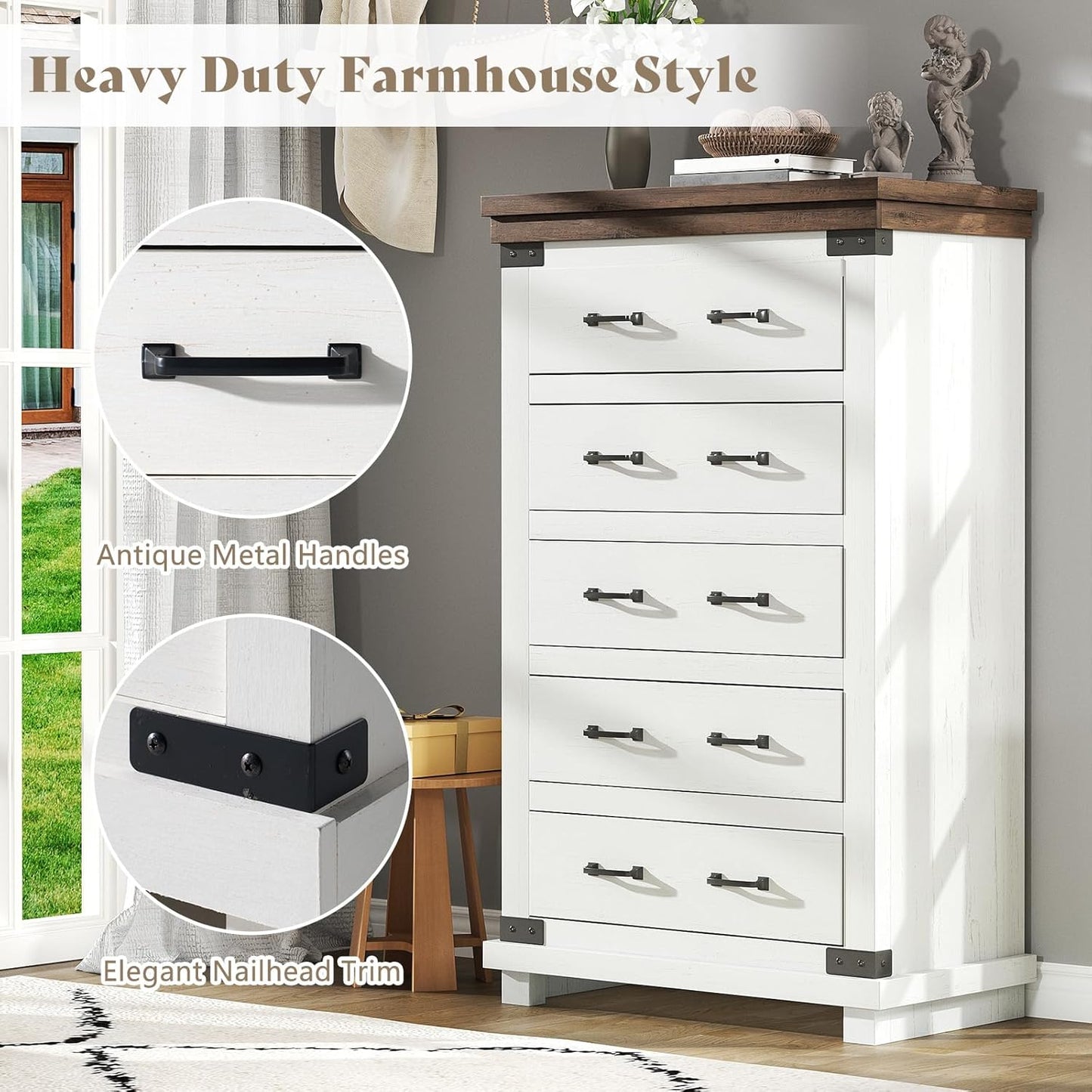 AMERLIFE 2 Pieces Farmhouse Bedroom Set, Includes Wood Rustic Queen Size Bed Frame with 54" Tall Headboard, 48" Tall 5 Drawers Dresser Chest, Heavy Duty Thick Plank Styling, Antique White
