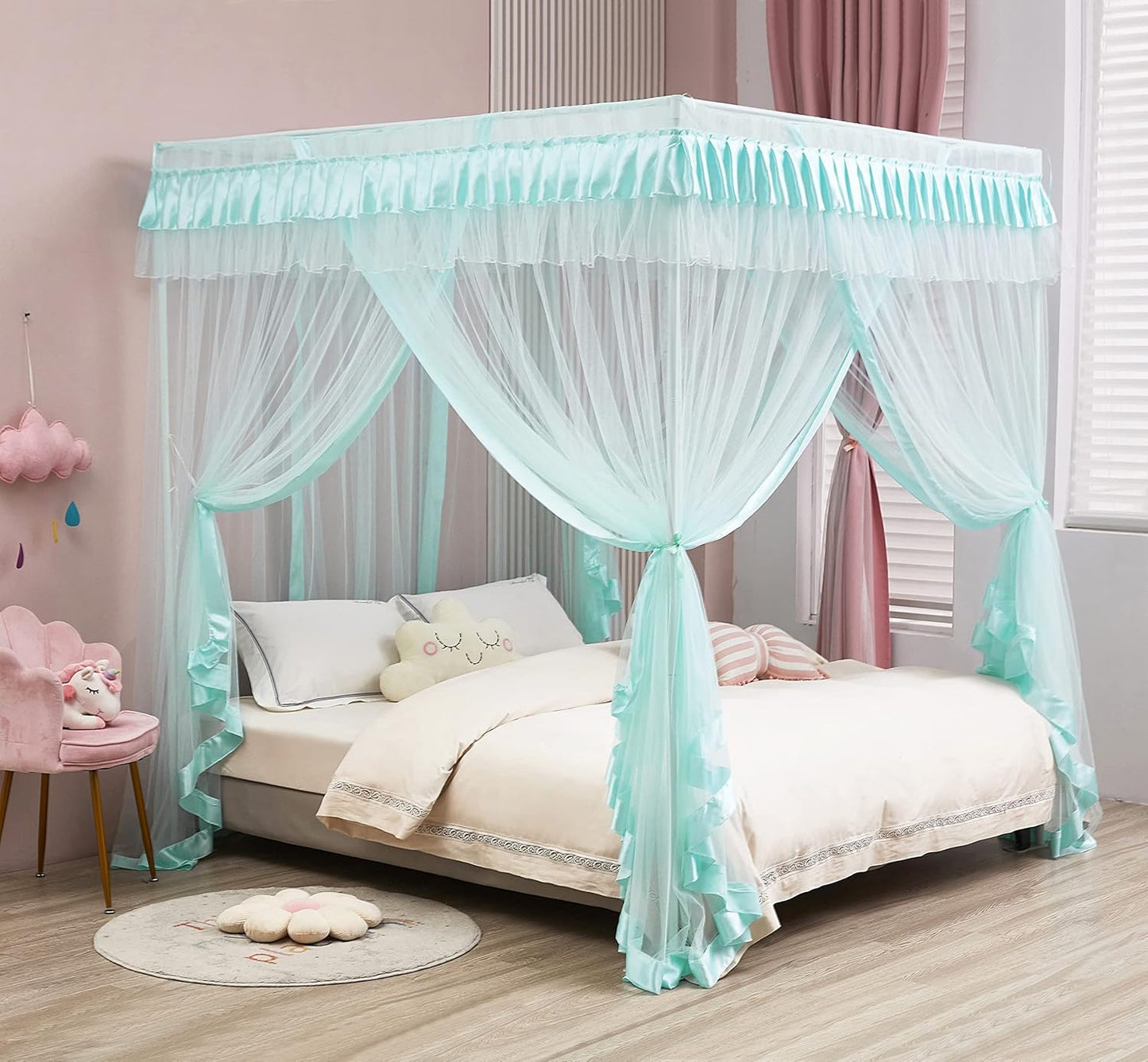 Mengersi Rainbow Canopy Bed Curtains with Lights - Princess Bed Canopy for Girls - Bed Drapes Netting- Bedroom Decoration Accessories,Full